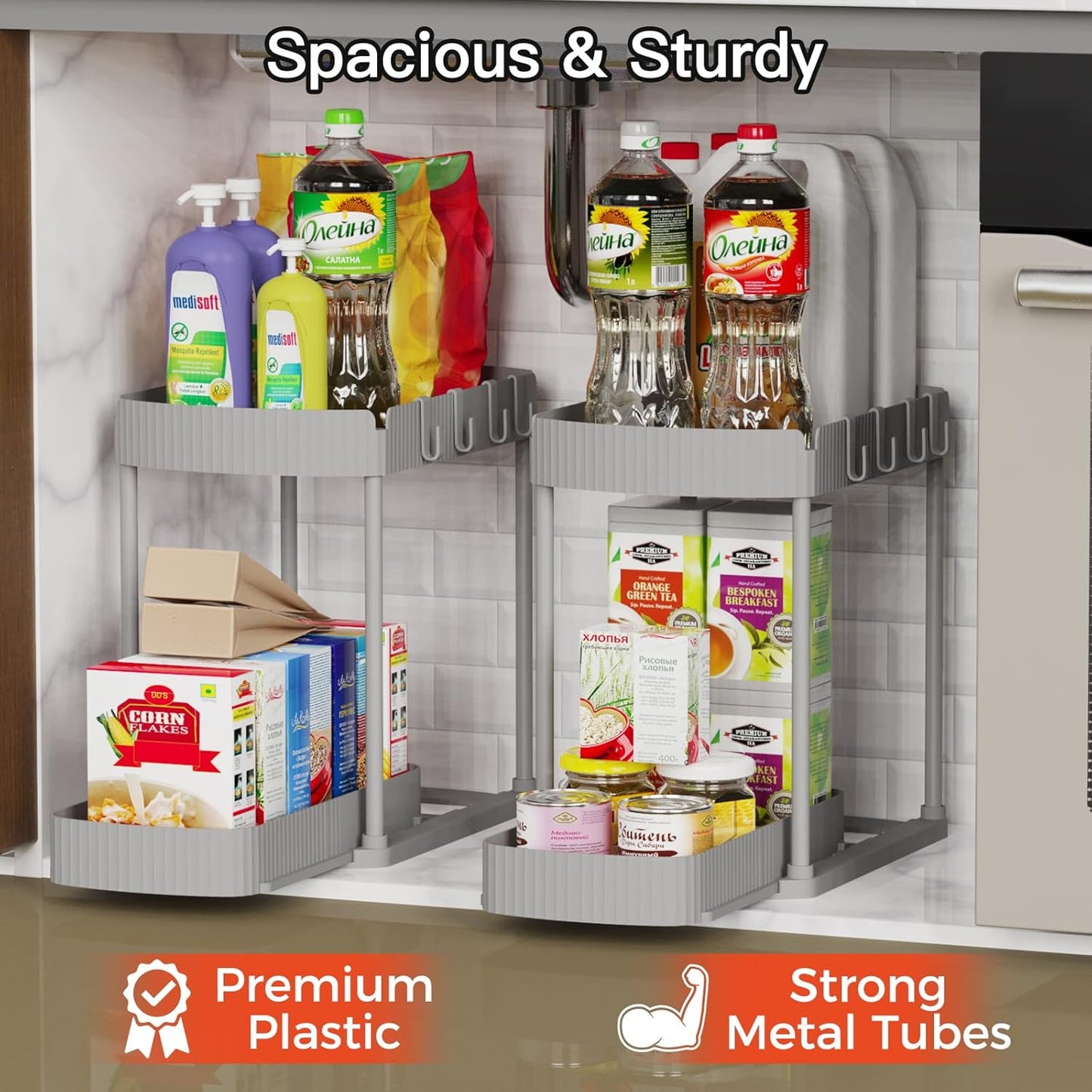 Ukeetap 2 Pack Multi-Purpose Pull-Out Storage Organizers, Under Sink Organizers and Storage for Bathroom & Kitchen, Under Cabinet Organizers and storage, 12.8 Inch, Grey