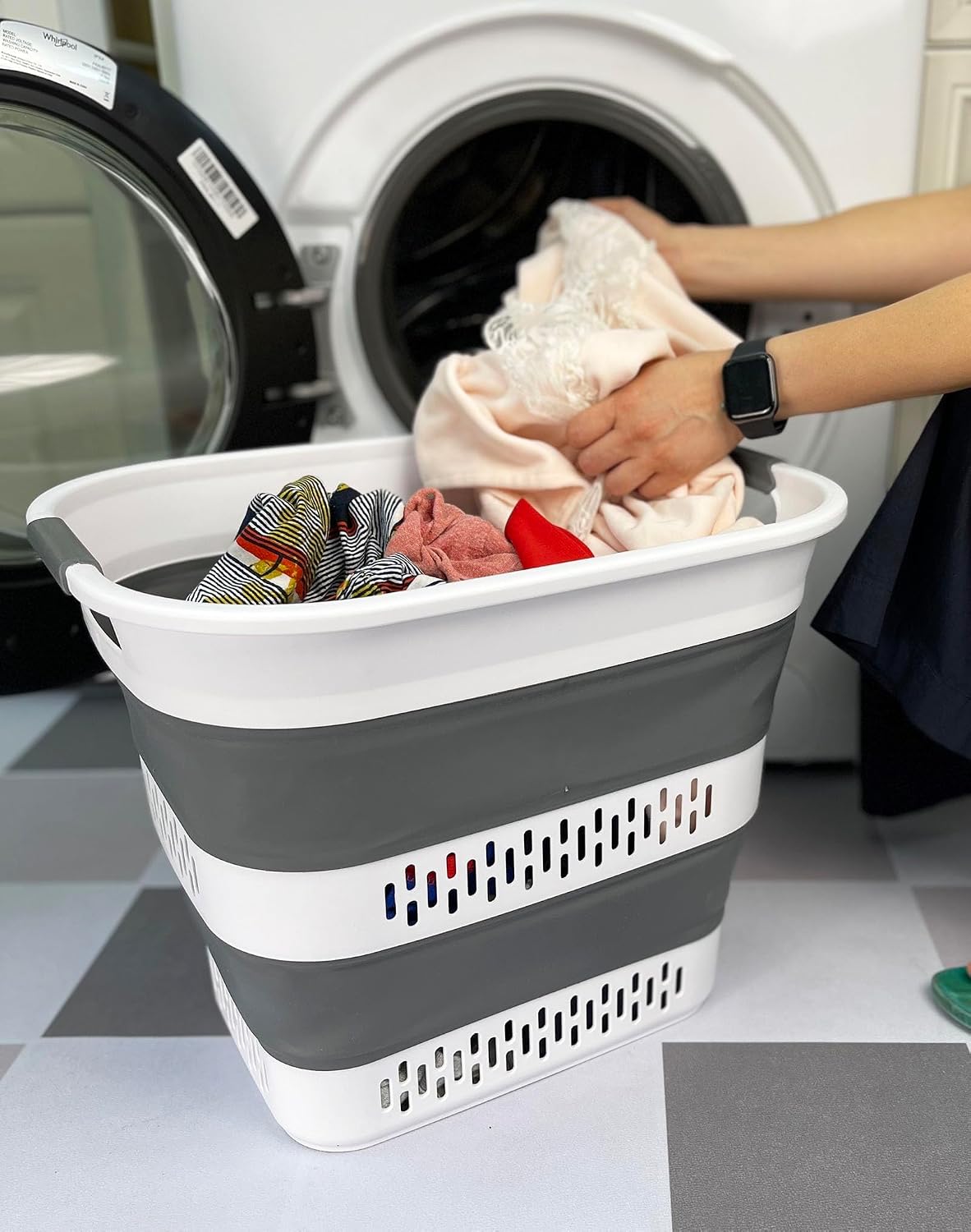 SAMMART 40L (10.5 Gallon) Collapsible Plastic Laundry Basket - Foldable Pop Up Storage Container/Organizer - Portable Laundry Hamper - Space Saving (1, White/Steel Grey)