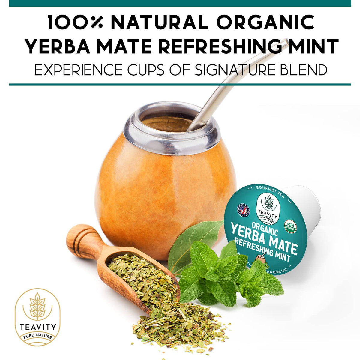 Organic Yerba Mate Refreshing Mint Tea Pods - Naturally Caffeinated Yerba Mate Tea Pod for Keurig Brewers by Teavity (24 Tea Pods)