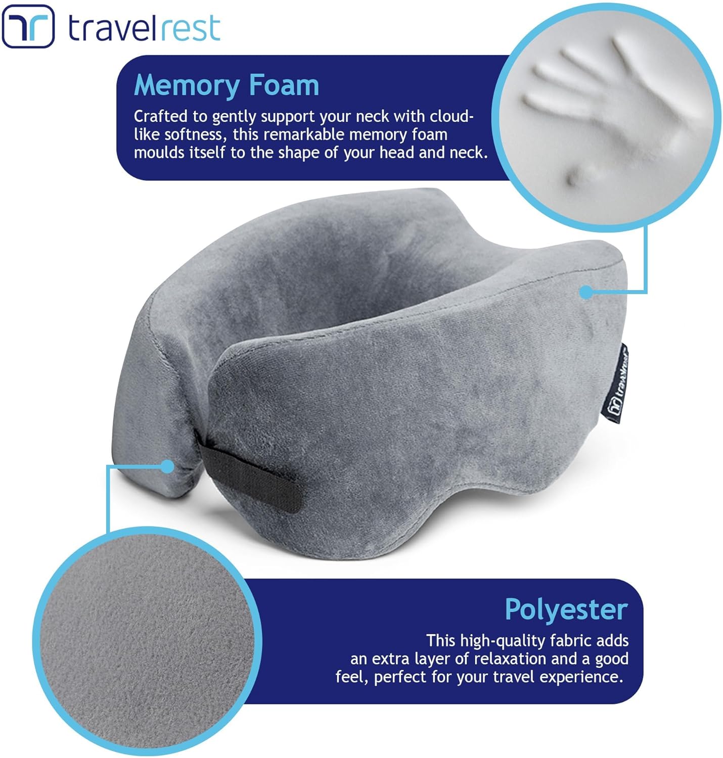 travelrest Sleep Neck Pillow Travel - Travel Essentials, Memory Foam, Neck Support Pillow for Long Flight, Plane Sleeping Accessories, Anti-Slip and Comfortable, Washable, Attaches to Luggage - Gray