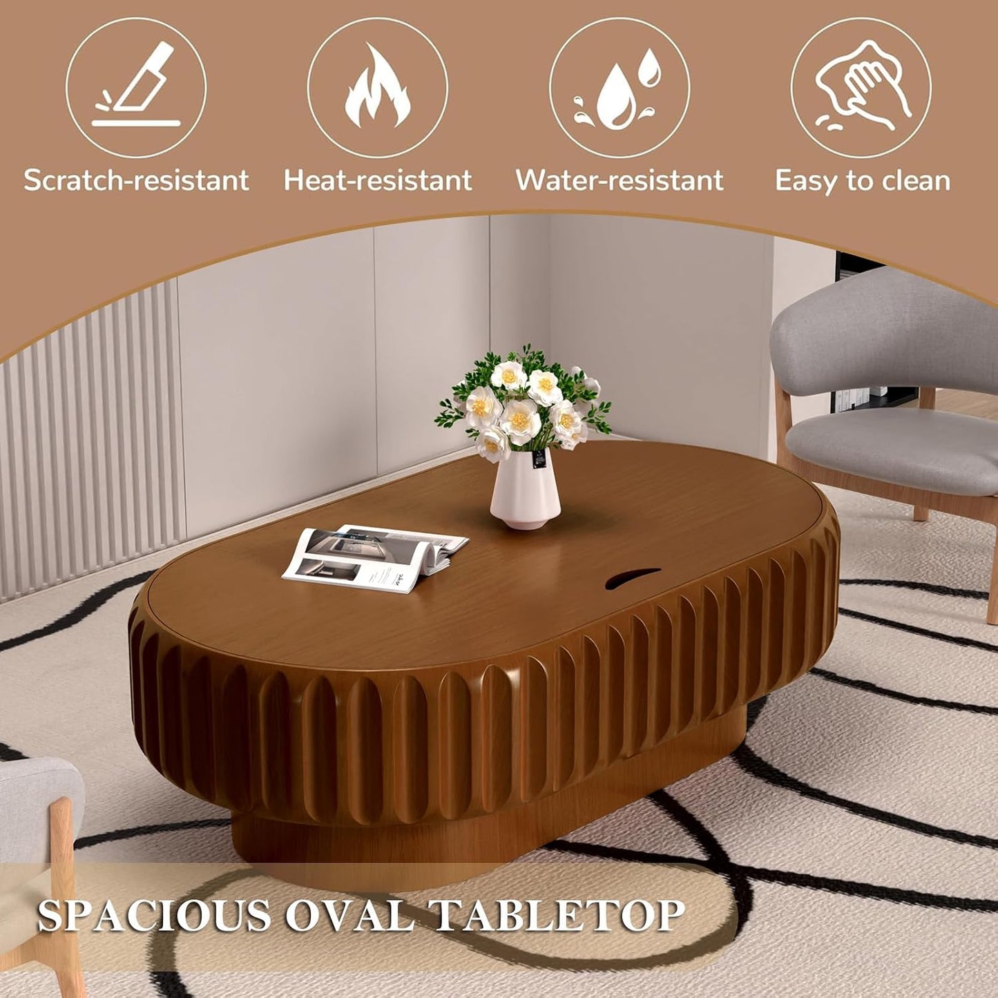 43.3" Oval Drum Fluted Coffee Table with Storage (O) | Mid-Century Modern, Easy Assembly, Sturdy Pedestal, Center Tables for Apartment Living Room
