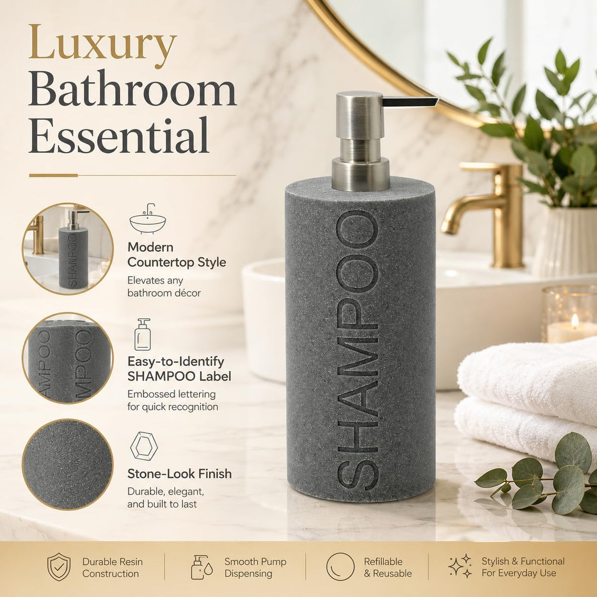 Resin Neutral Gray Sandstone Shampoo Engraved Bottle Refillable Pump Dispenser, Durable Waterproof Resin Construction for Bath, Shower - Gray Sandstone Satin Nickel Pump