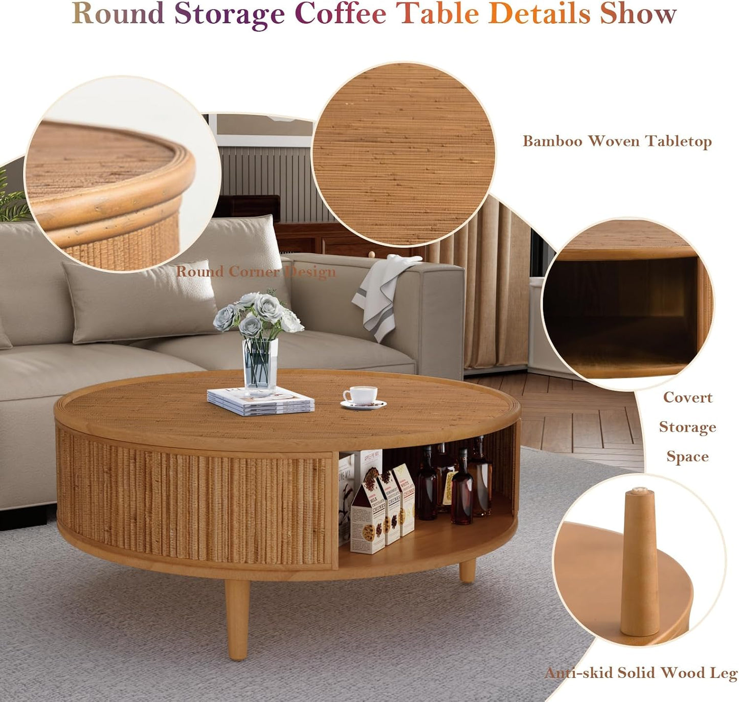 Round Coffee Table with Opening Storage Space (H Bamboo Woven 30.5in) | Farmhouse Circle Center Table for Living Room Easy to Assemble & Maintain