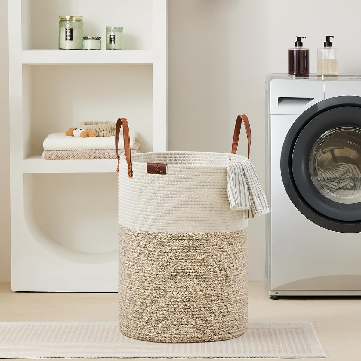 VIPOSCO 100L Tall Woven Rope Laundry Hamper, Leather Handles, White & Brown