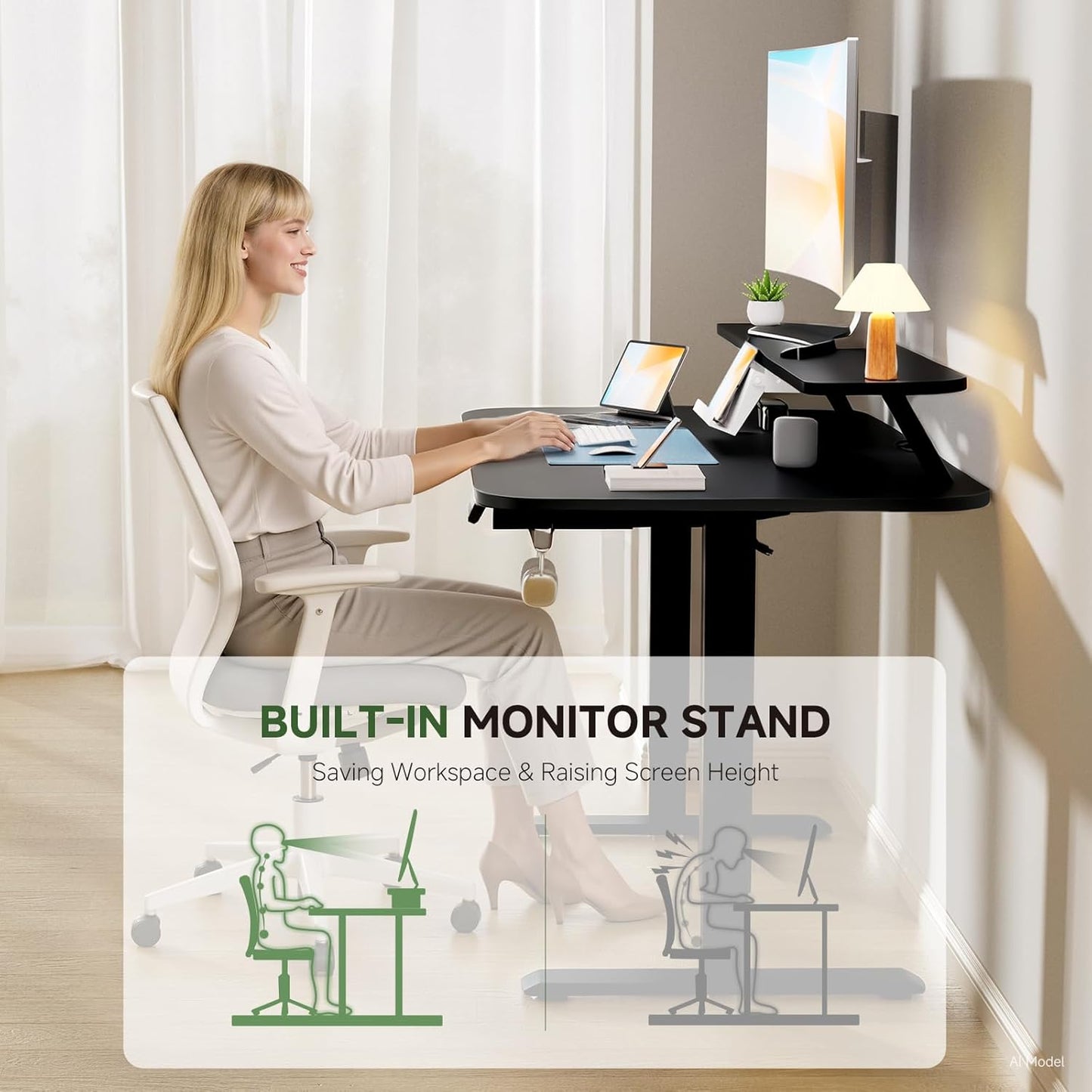 GTPLAYER Electric Standing Desk with Drawers, 48 x 24 Inches Height Adjustable Computer Desk with Monitor Stand, Laptop Stand, Sit Stand up Desk with Memory Preset for Home, Office, Black