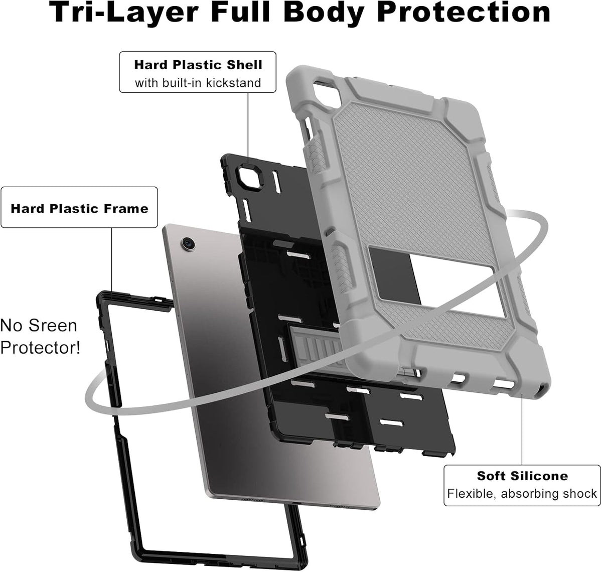 Galaxy Tab A8 10.5 Case with Kickstand, Hybrid Shockproof Rugged Cover for Samsung A8 Tablet Case 10.5 Inch (SM-X200/X205/X207), Gray+Black