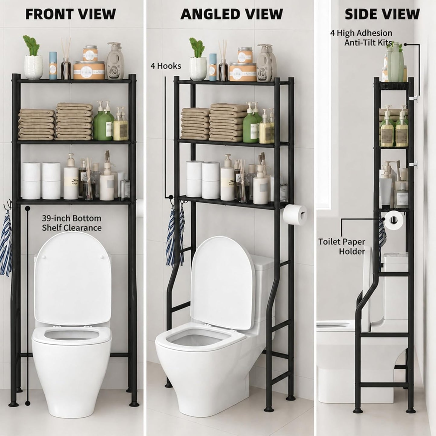 GloTika 3-Tier Over Toilet Storage with Anti-Tilt Safety System - 150lb Total Capacity Metal Bathroom Shelves Including Paper Holder & 4 Hooks, Space Saving Above Commode Organizer (64" H, Black)