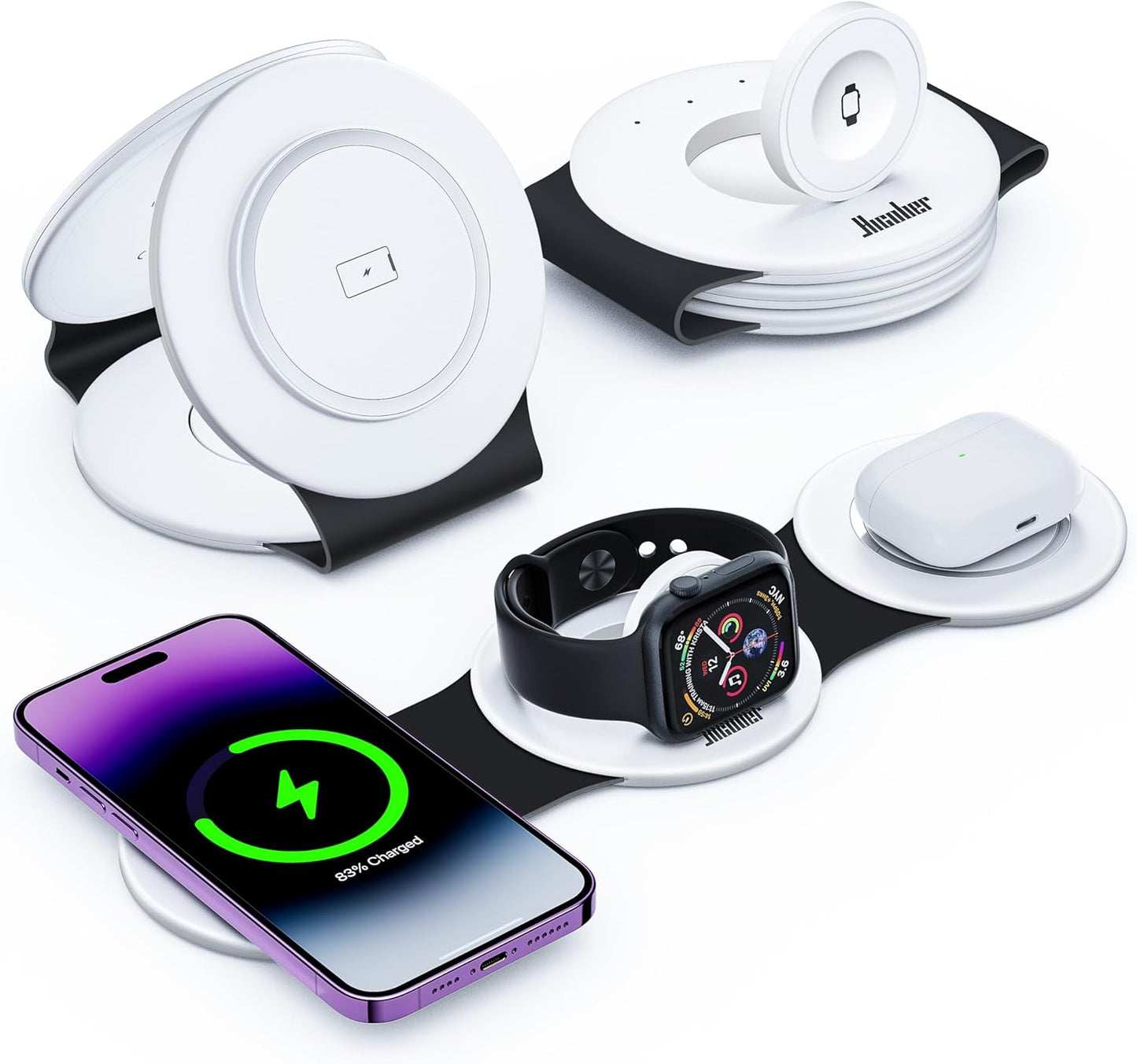 Hicober 3 in 1 Wireless Charging Station for iPhone 15, Magnetic Foldable Travel Charger Station Stand 18W for iPhone Air 17 16 15 14 13 12 Pro/Max/Plus/Apple Watch All Series & Airpods