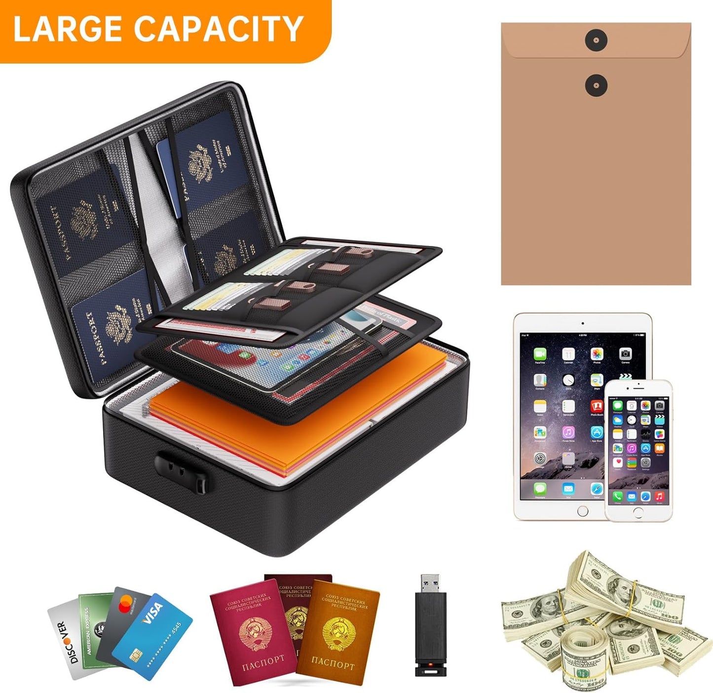 DocSafe 5200°F Document Organizer with Lock, Upgraded Heat Insulated Fireproof＆Water-Resistant Box 8 Layers File Organizer, Portable Home Travel Safe Storage for Important Documents and More