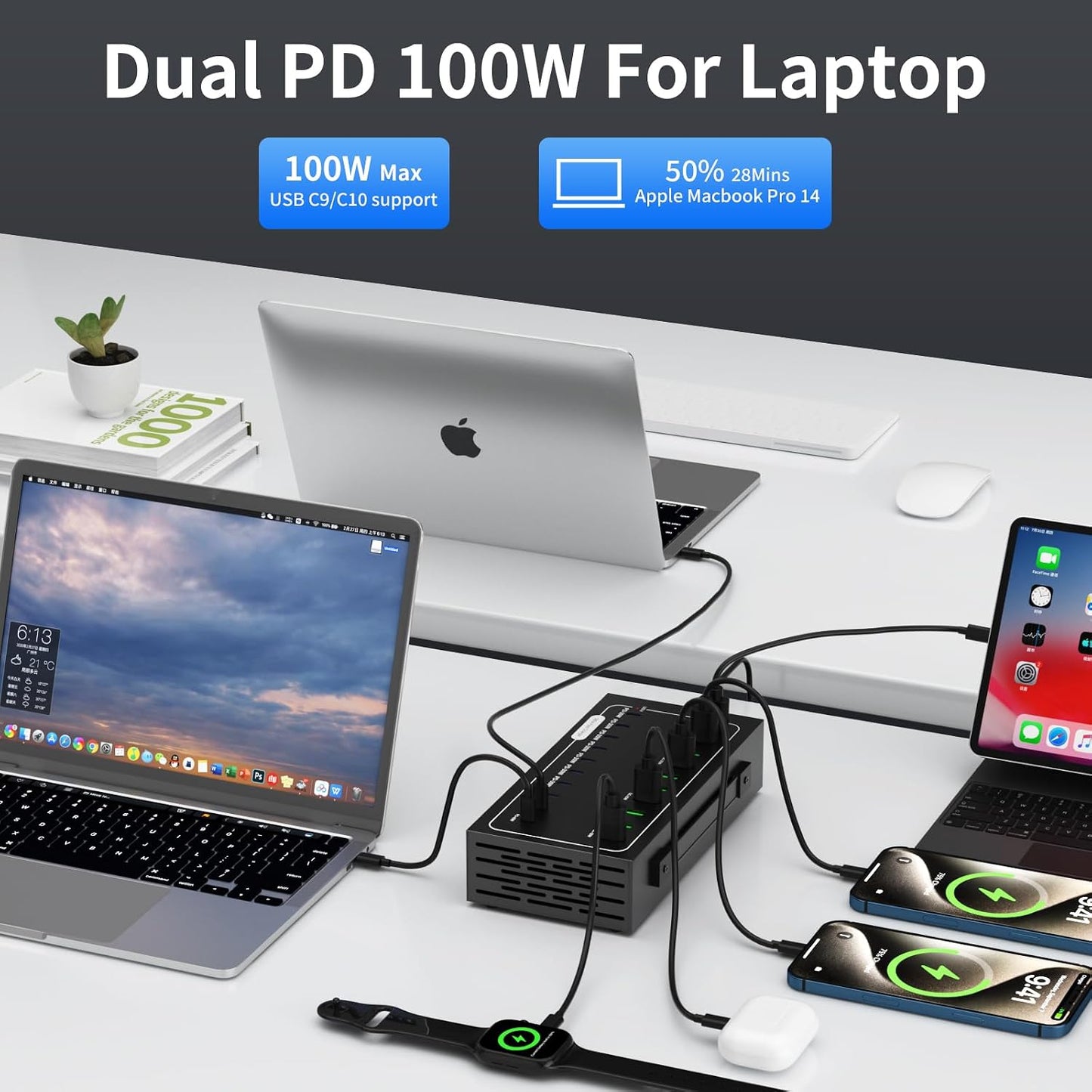 690W USB Charging Station, 20 Port (10 PD+10 QC) USB C Charger Block, Fast Charging Station for Multiple Devices with Smart Power Delivery for Laptop, iPhone, iPad, Tablet and More