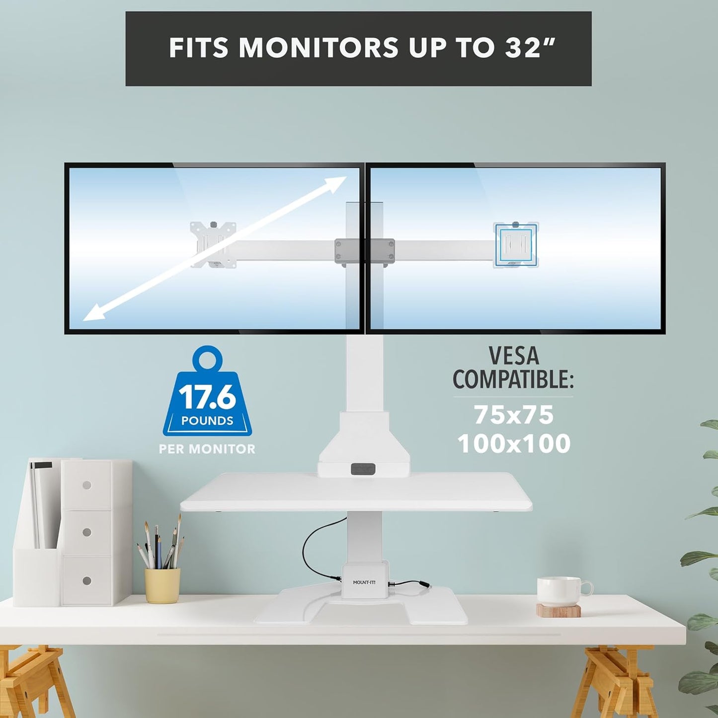 Mount-It! Electric Standing Desk Converter, Motorized Sit Stand Desk Riser with Dual Monitor Mounts, Adjustable Height Ergonomic Workstation with 28” Wide Platform and Tablet/Phone Slot, White