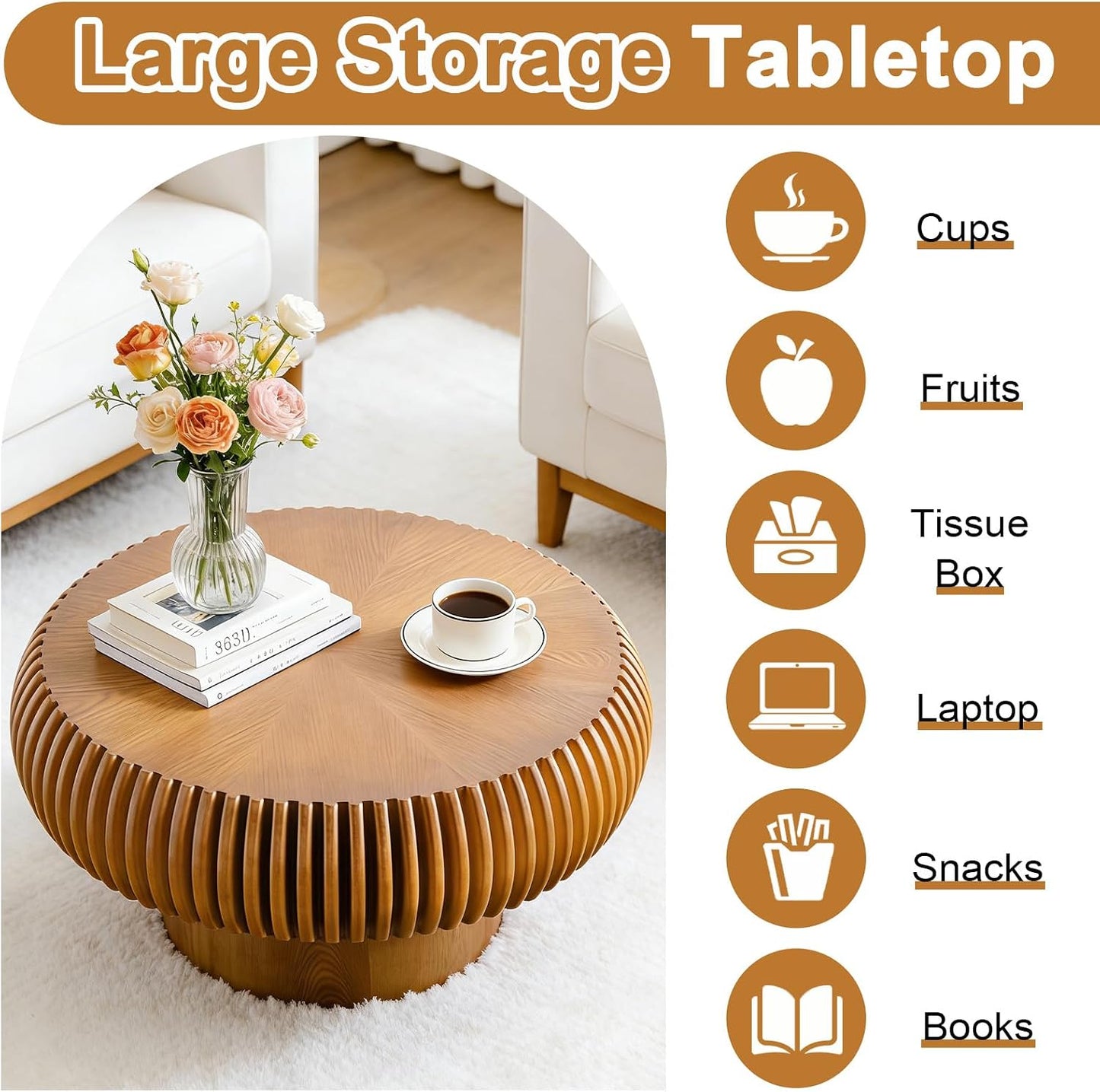 31" Brown Round Wood Fluted Coffee Table for Living Room (D) | Drum Shape, Wood Veneer Top & Base, Rustic Modern Style, Low Circle Center Table, For Apartment Small Space, Easy to Assemble