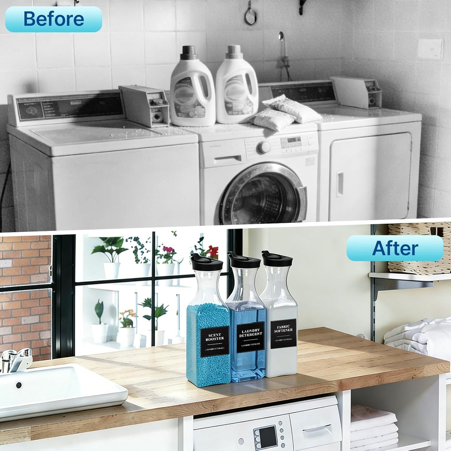 3 Pack Laundry Detergent Dispenser, Laundry Soap & Fabric Softener Dispenser, 54oz Laundry Detergent Containers, Laundry Room Organization and Storage Plastic Bottle for Scent Booster, Powder, Bleach
