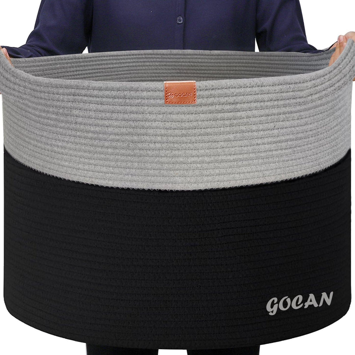 Cotton Rope Woven Laundry Basket 22"X 22"X 14" with handles(Black-Grey)XXXL | Hand-woven, ideal for storing blankets and cushions in the living room, and clothes for household storage.