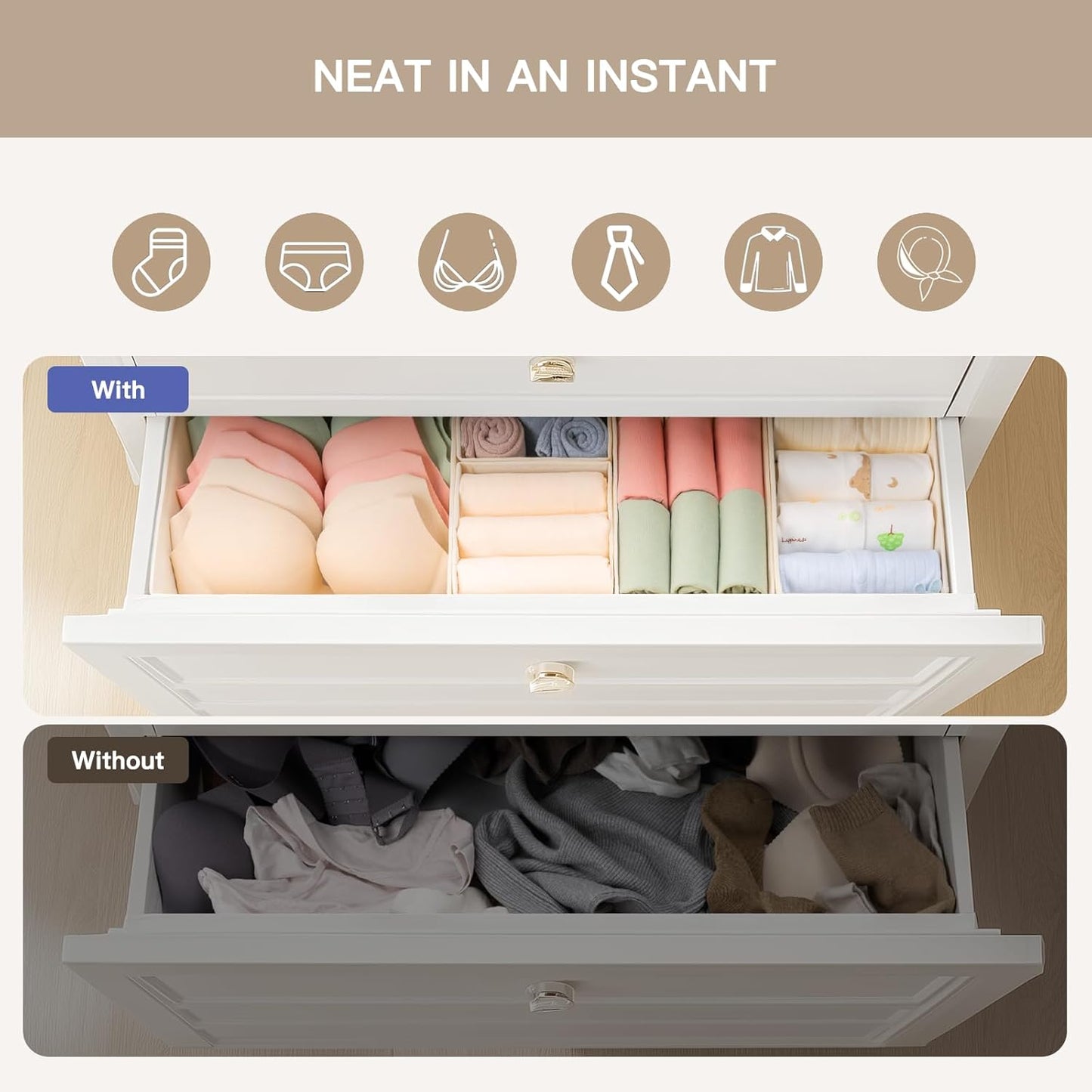 Criusia Drawer Organizer Clothes, 10 Pack Dresser Organizer for Baby Clothes, Underwear, Sock- Foldable Closet Organization and Storage Dividers Bins for Nursery, Bedroom (Beige)