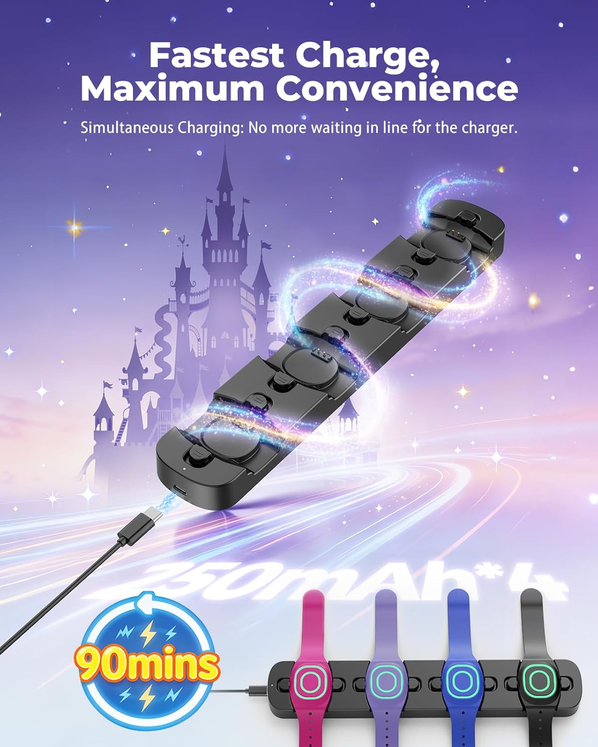 Doohoeek Charging Station for MagicBand+ Plus Magic Band, 4-in-1 Charger Portable for Disneyland MagicBand Plus, 90 Min Full Charging Dock for Magic Band+ Disney-World Family (Black, 4-Slot)