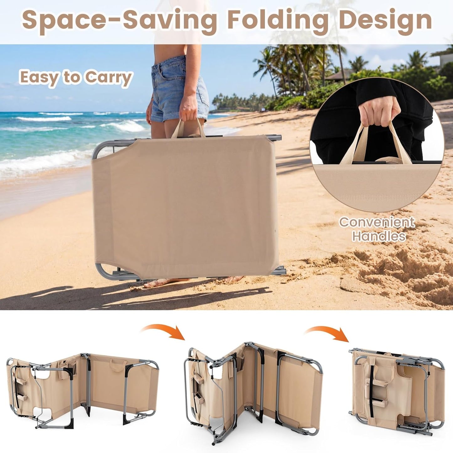 COSTWAY Tanning Chair with Face Hole, Folding Beach Lounge Chair with 4-Position Adjustable Backrest, Pillow & Side Pocket, Foldable Chaise Lounge Chair Outdoor for Sunbathing, Camping (1, Beige)