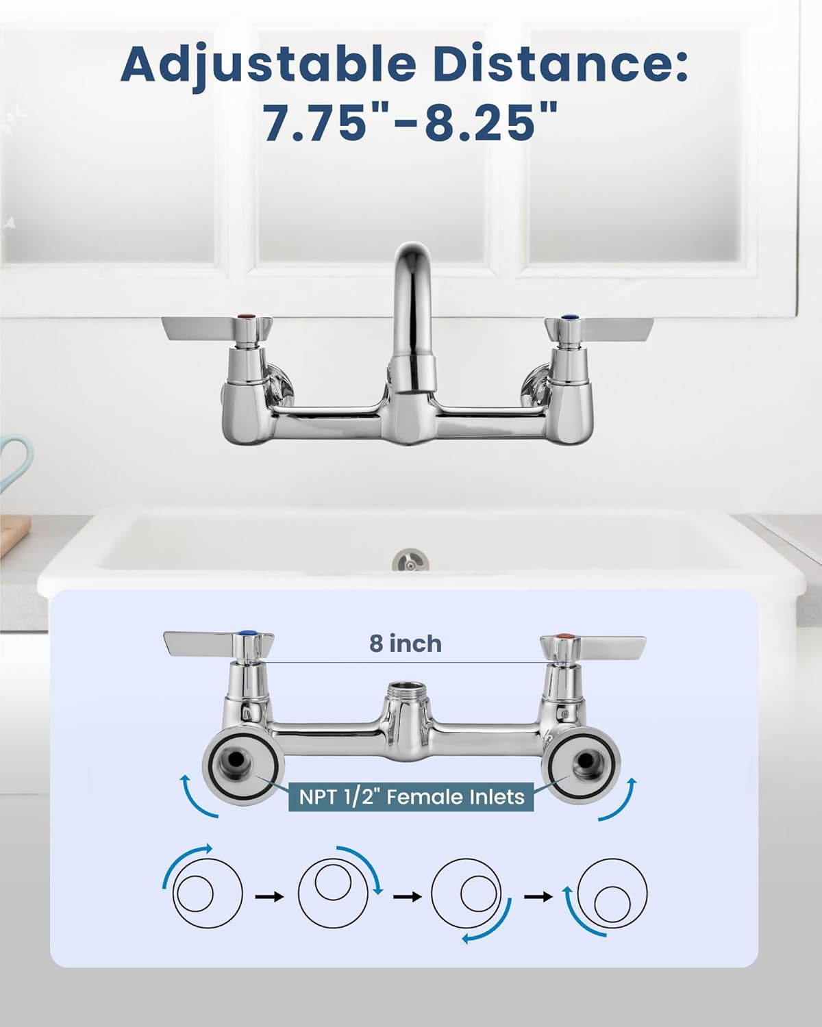 Airuida Wall Mount Commercial Kitchen Faucet,8 Inch Swivel Spout,8 Inch Center Utility Sink Faucet with Dual Handles,Solid Brass 360° Swivel Spout,Commercial Sink Faucet for Kitchen Laundry,Chrome
