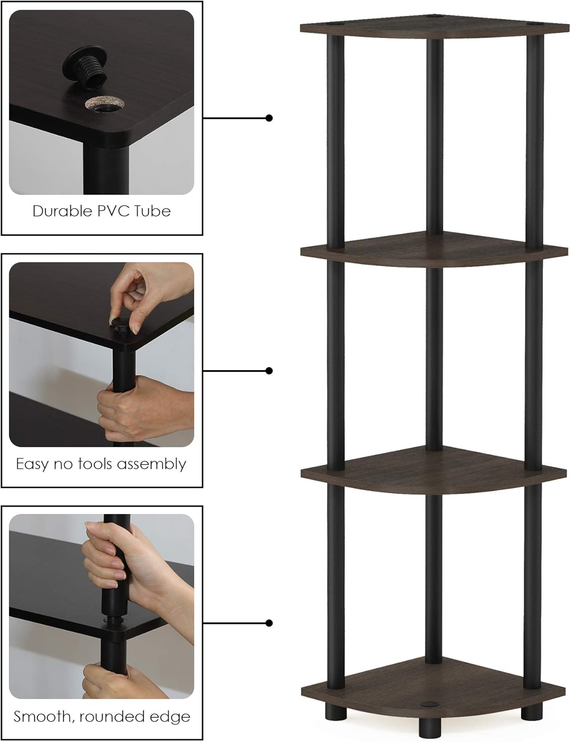 Furinno TURN-N-TUBE Corner Shelf, 4-Tier Corner Bookshelf, Display Storage Shelves with Open Shelves, for Organization and Storage, Living Room, Home Office, Garage, Dark Brown Grain