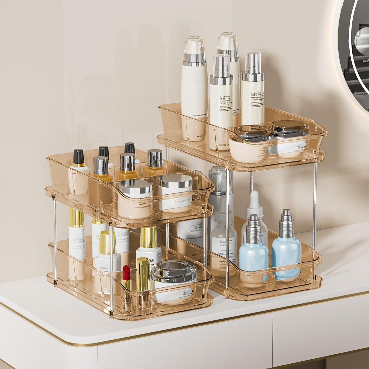 Delamu 2-Tier Under Sink Organizers and Storage, Multi-Purpose Stackable Bathroom Cabinet organizers, Pull Out Kitchen Pantry Organization and Storage with Dividers(2 Pack, Amber)