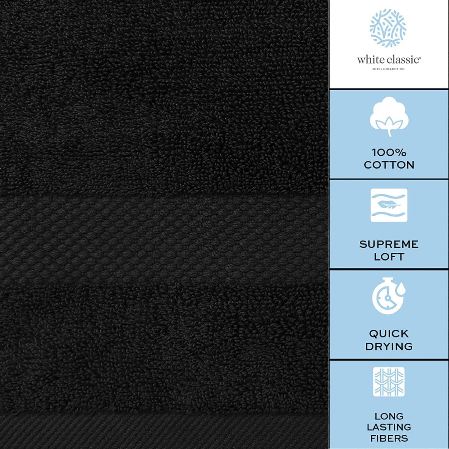 White Classic Luxury Bath Towel Set of 8 Pieces - 100% Turkish Cotton Highly Absorbent Towels for Bathroom, 2 Luxury Bath Towels 700GSM, 2 Hand Towels, 4 Washcloths, Black