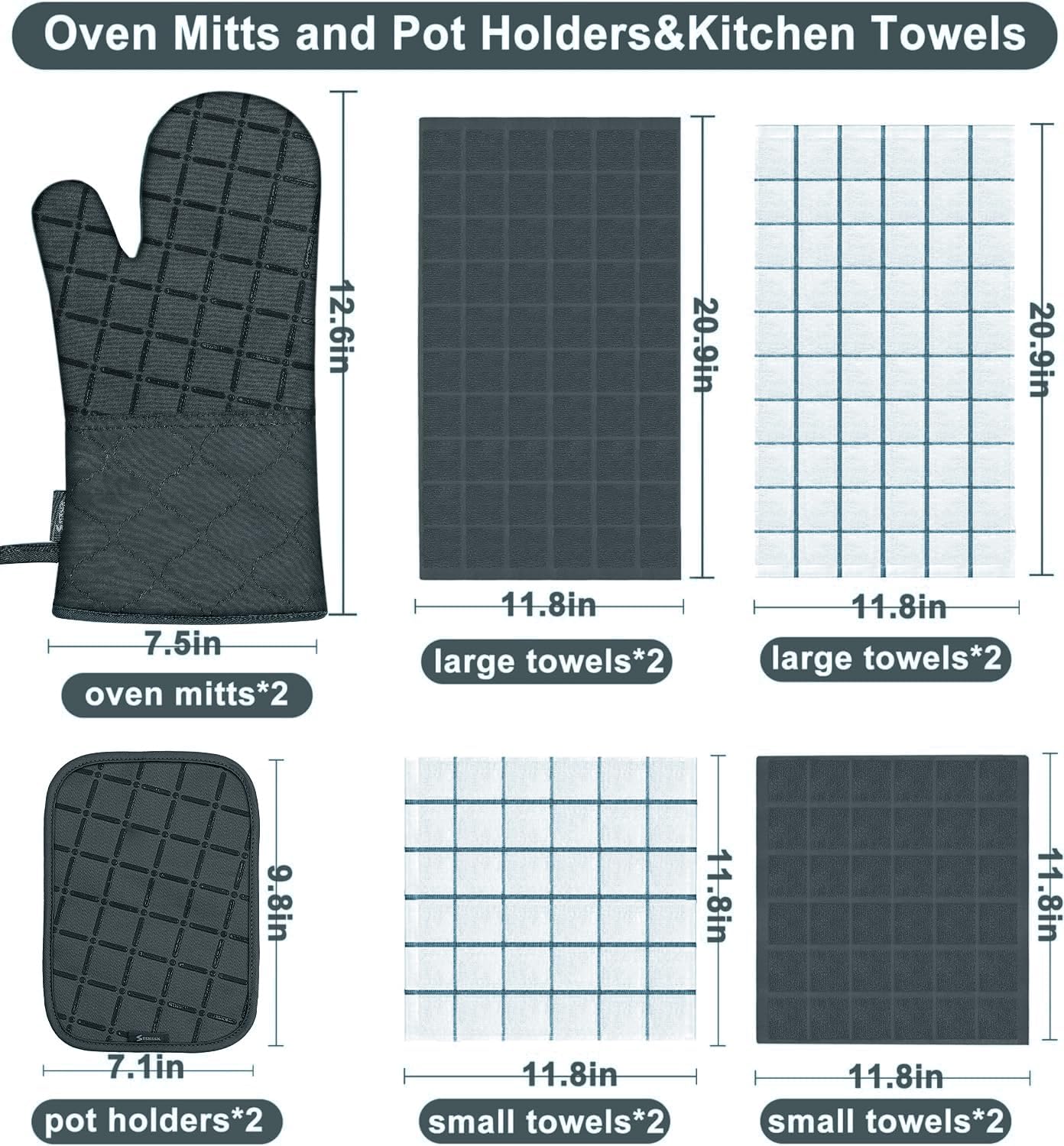 Oven Mitts Pot Holders Sets/Kitchen Towels and Dishcloths,Oven Gloves Kitchen Dish Towels 500 Degree Heat Resistant Potholders with Non-Slip Silicone Surface for Cooking,Grilling,Baking-Deep Green