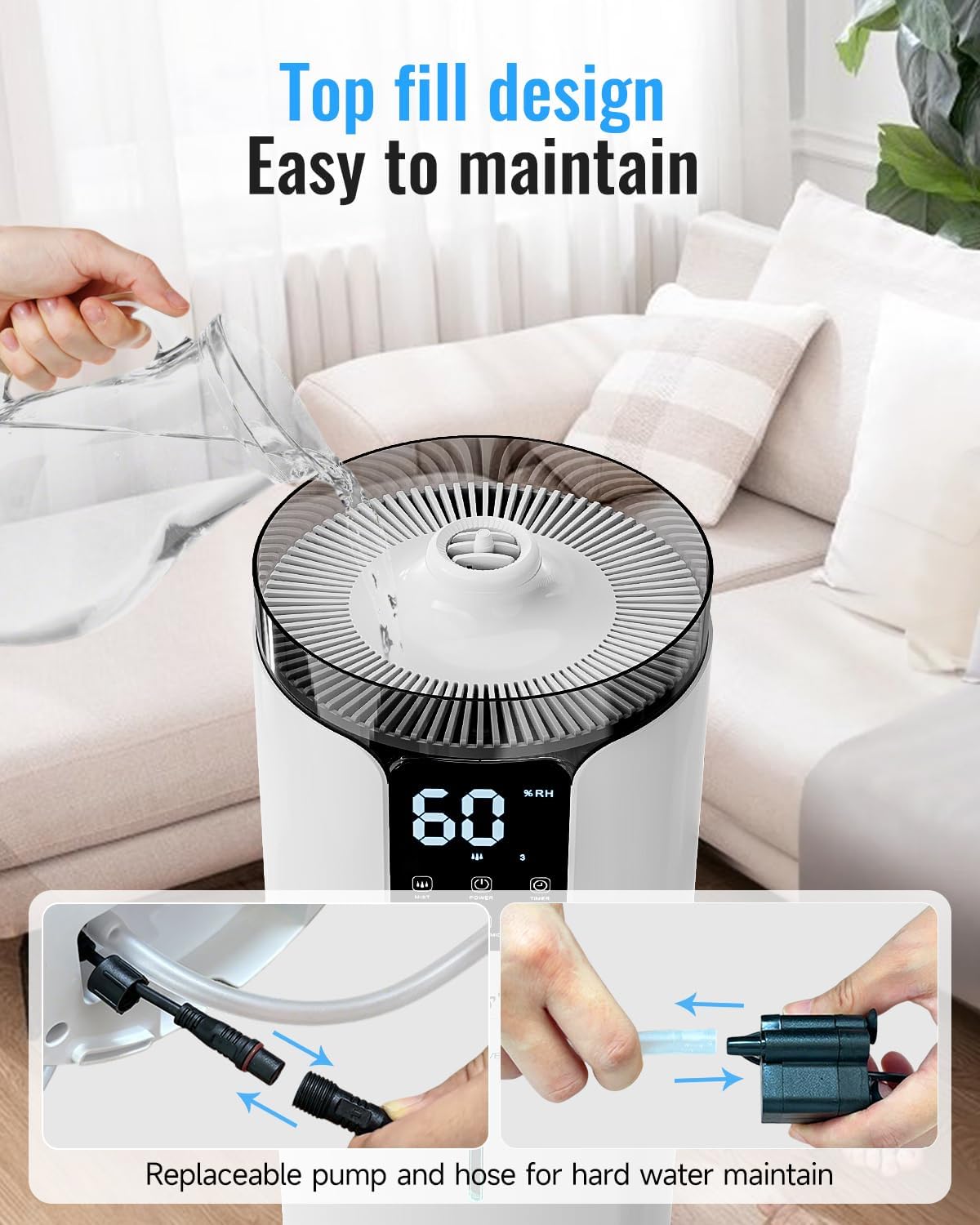 Humidifier large room 16L/4.2Gal - Lacidoll Whole house Humidifier for Home1500 sq.ft. Ultrasonic Cool Mist Humidifiers for Bedroom with Extension Tube & Aroma Box & Night light, White