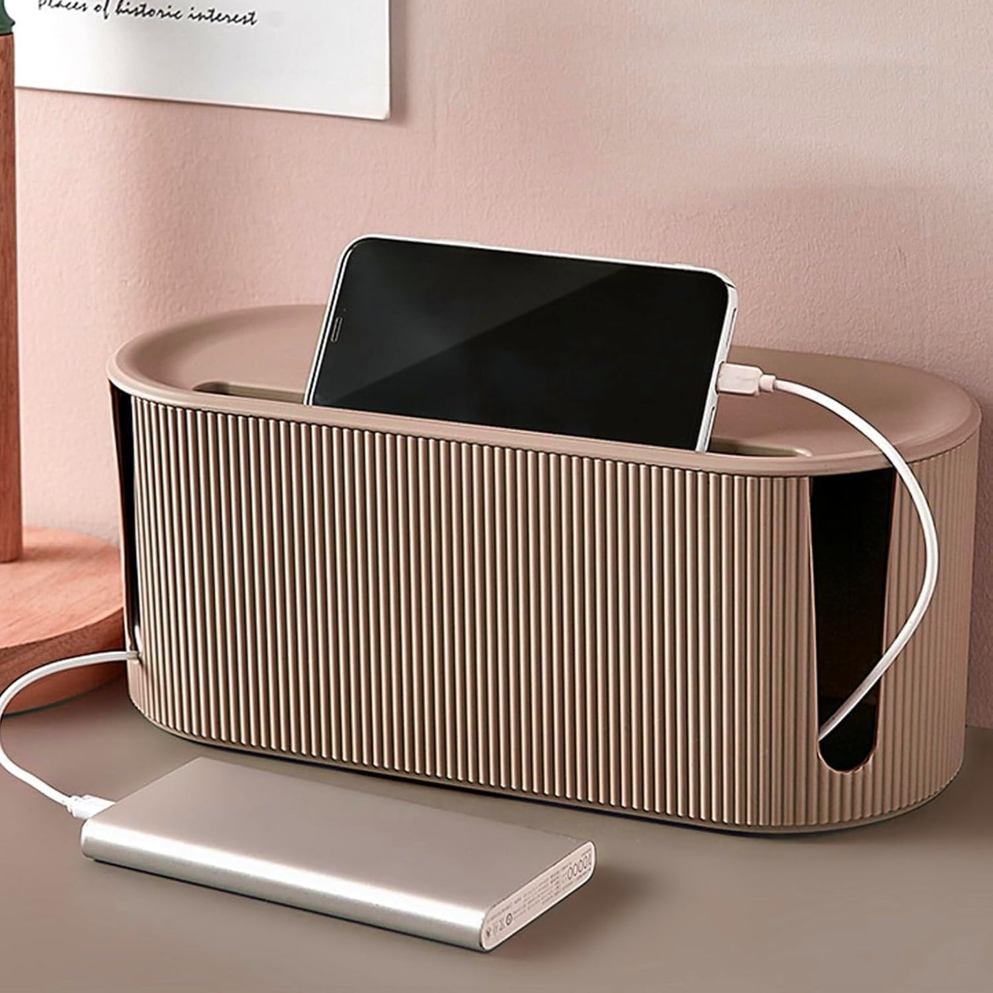 Cable Management Box,Desk Cord Organizer Box with Groove Cover,Plastic Cord Hider Box,Large Cable Box Organizer for Storaging Power Socket/TV/Computer/Router/Games Console Cable (Milk Tea)