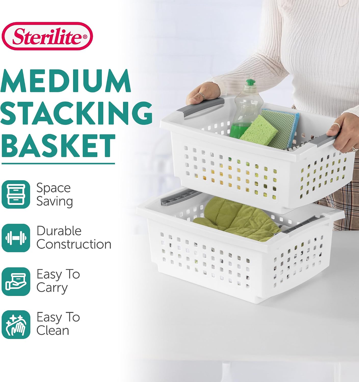 Sterilite Small Stacking Baskets w/ Handles for Bathroom & Pantry, 16-Pack