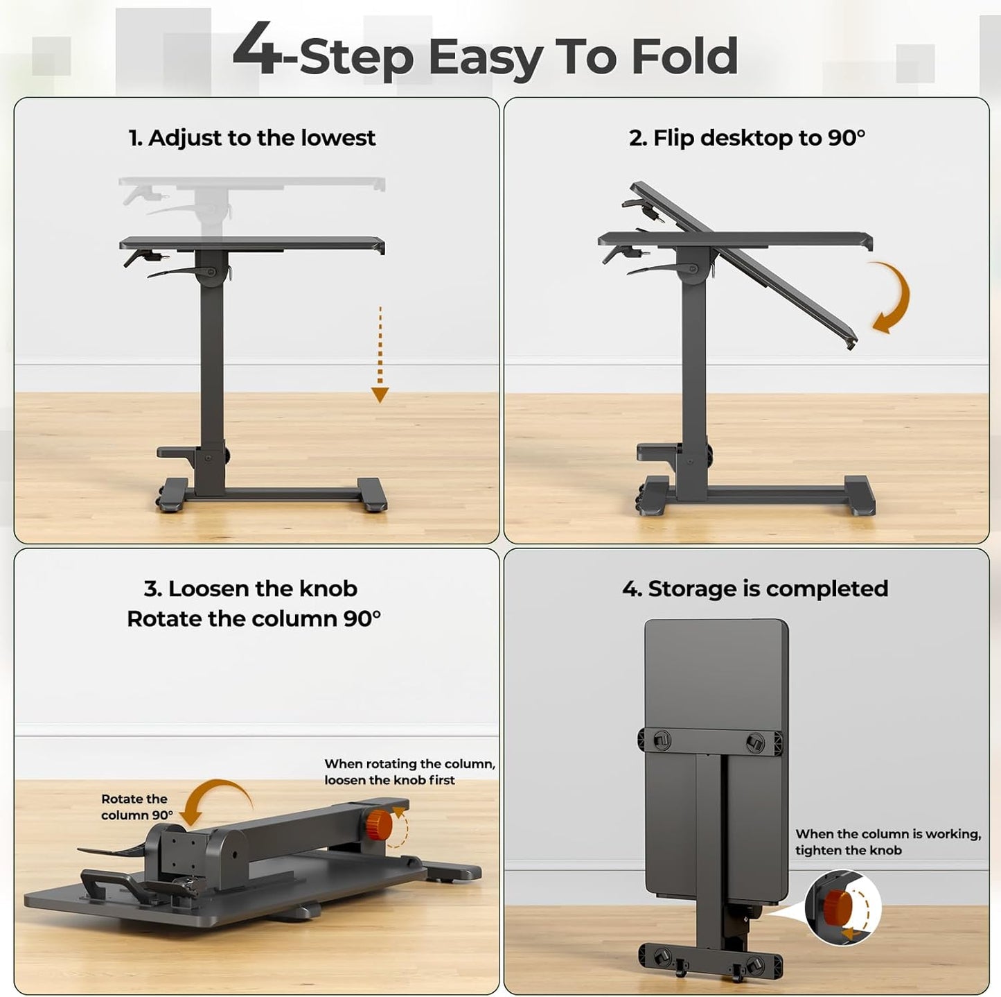Foldable Mobile Standing Desk, 27 Inch Small Rolling Laptop Cart Height Adjustment, 90° Tiltable Sofaside Table, No Assembly Needed Portable Computer Workstation, Black