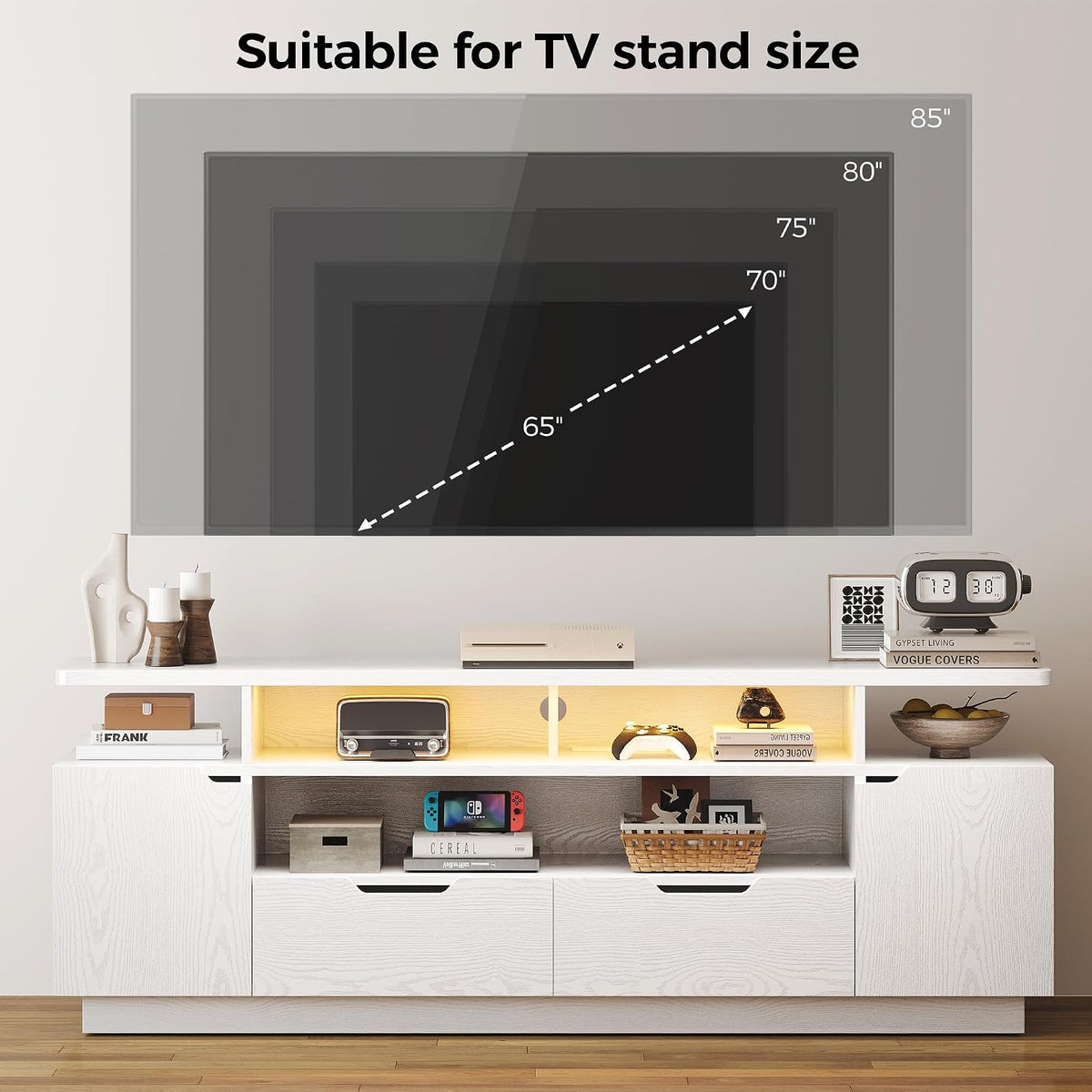 IRONCK TV Stand for TVs up to 85", LED Lights and Power Outlets, White