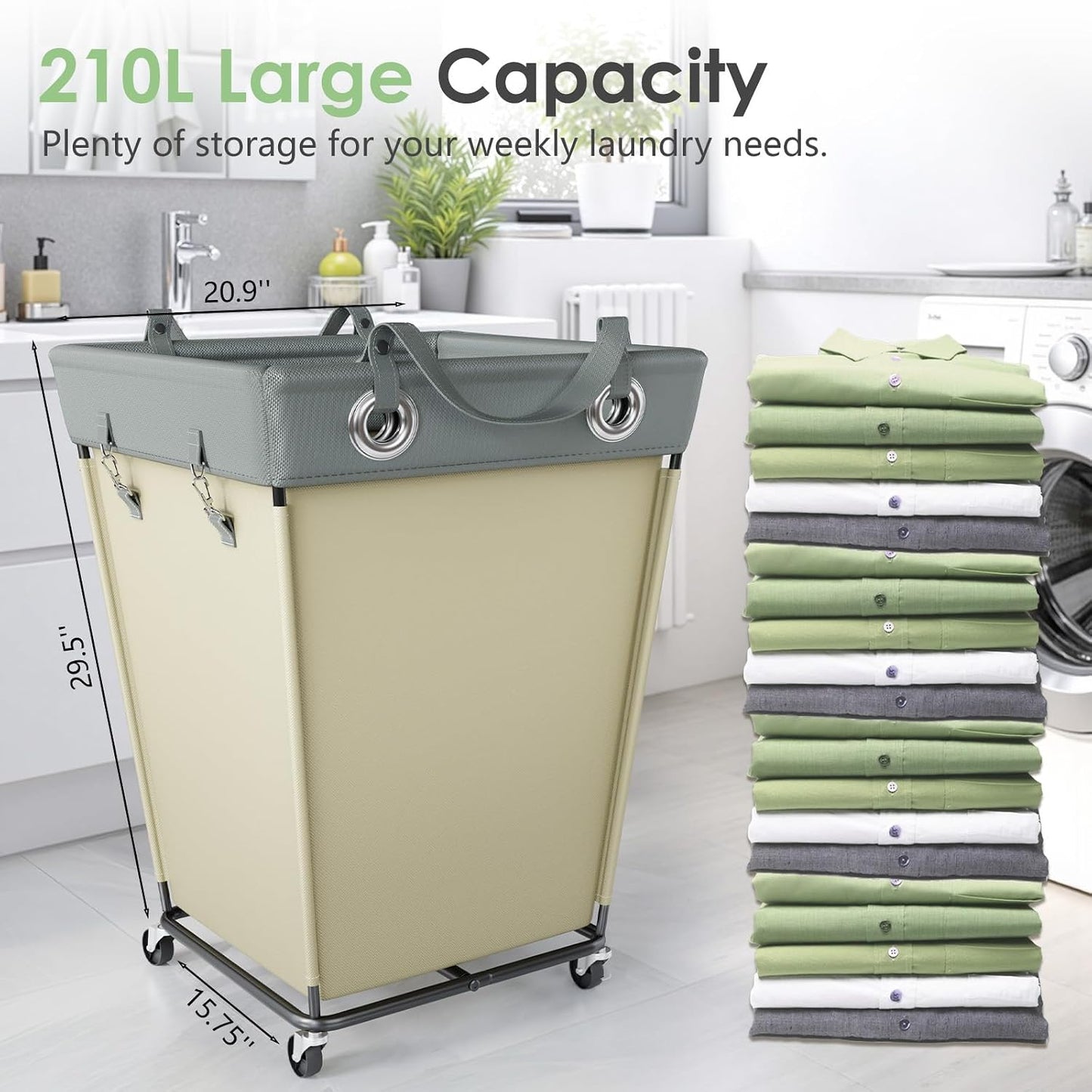 HILIUS Laundry Hamper with Wheels 210L Large Hamper Rolling Laundry Basket