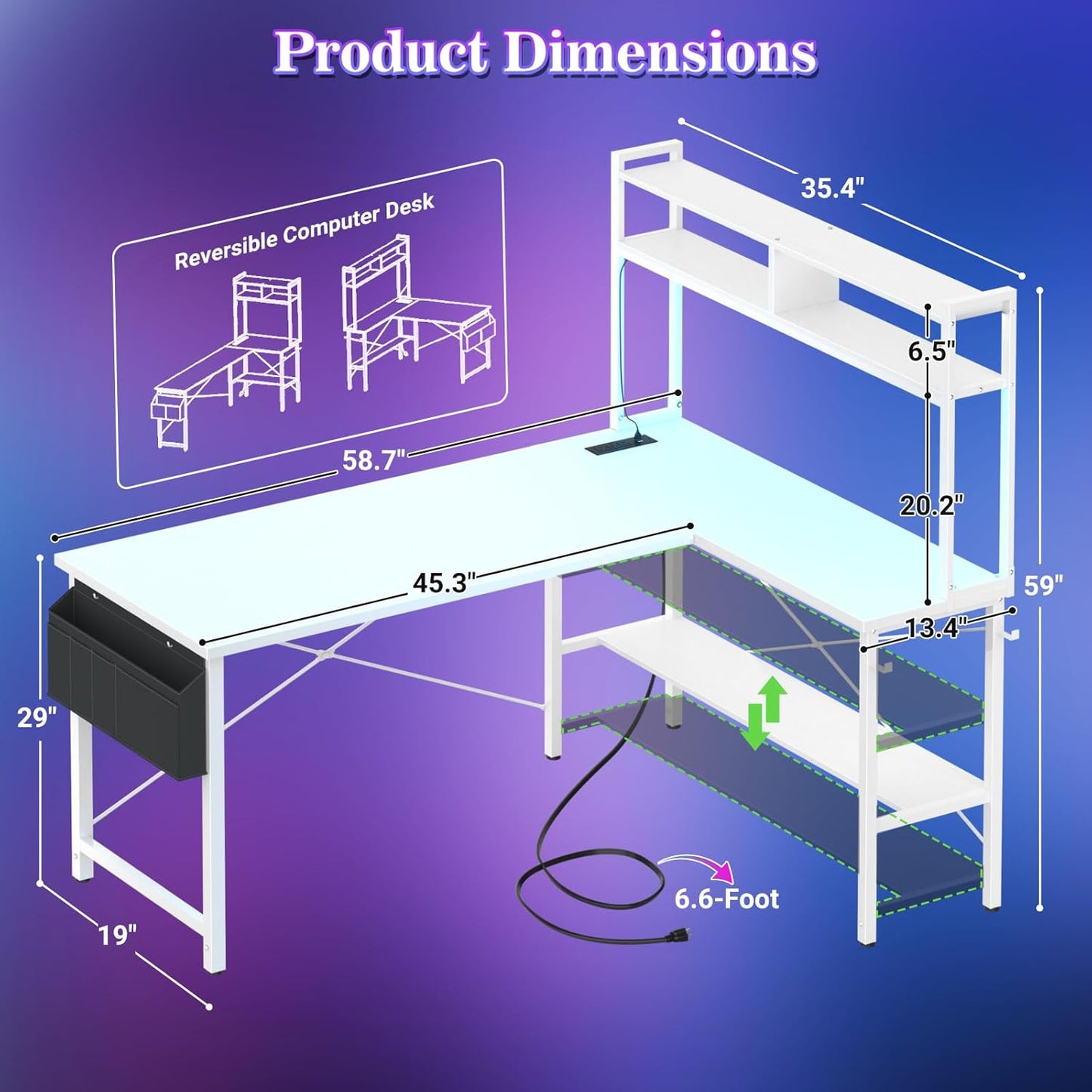 Aheaplus L Shaped Desk Gaming Desk, 59" L Shaped Computer Desk with LED Light & Power Outlet, Reversible Home Office Desk Gamer Desks with Shelves & Storage Bag & Hooks, Corner PC Desk, White