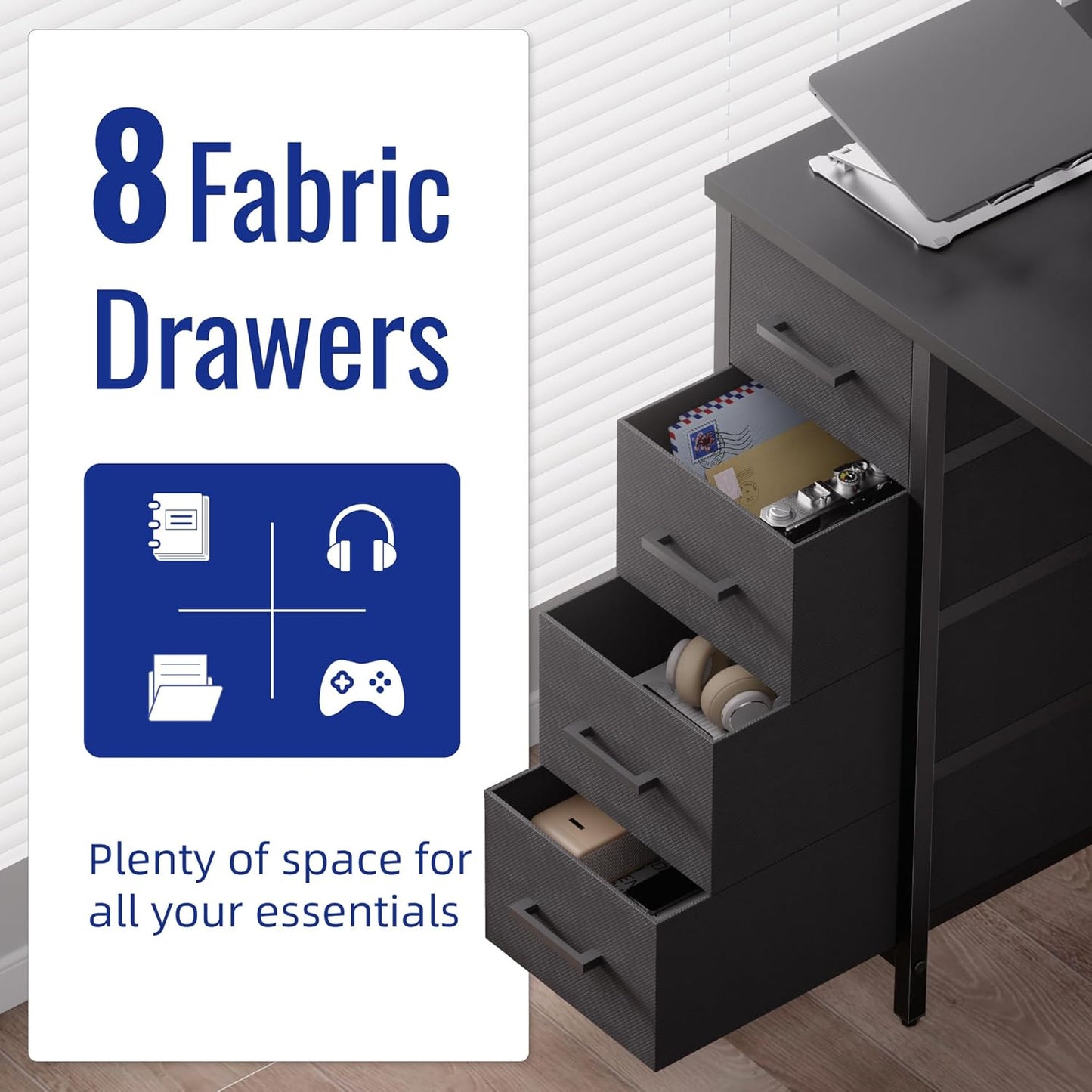 Pamray 47 Inch Computer Desk with 8 Fabric Drawers PC Gaming Desk Home Office Study Work Writing Table for Bedroom Matte Black