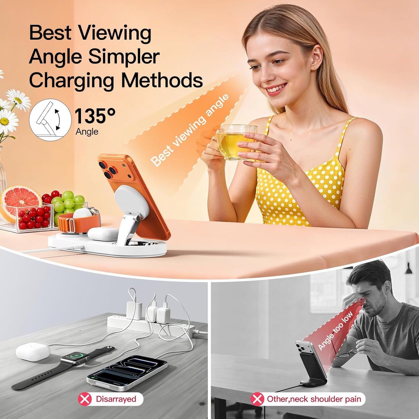 15W • Metals • Travel Ready,Magnetic 3 in 1 Wireless Charging Station,for iPhone17-12,Fast 5W Charger for Apple Watch AirPods,Foldable Stand MagSafe Charger Dock for Nightstand Desk Travel