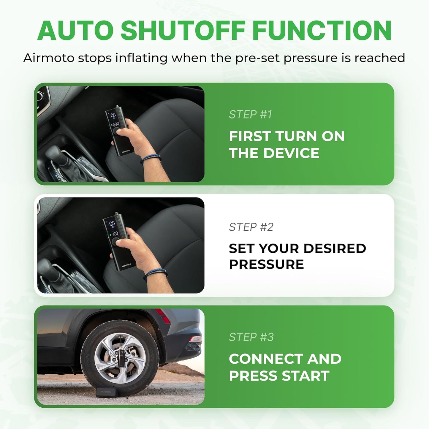 Airmoto Tire Inflator Portable Air Compressor - Air Pump For Car Tires with Digital Pressure Gauge, LED Light and Auto Shut-Off Function - Cordless Pump for Car, Motorcycle, Bicycle, Ball
