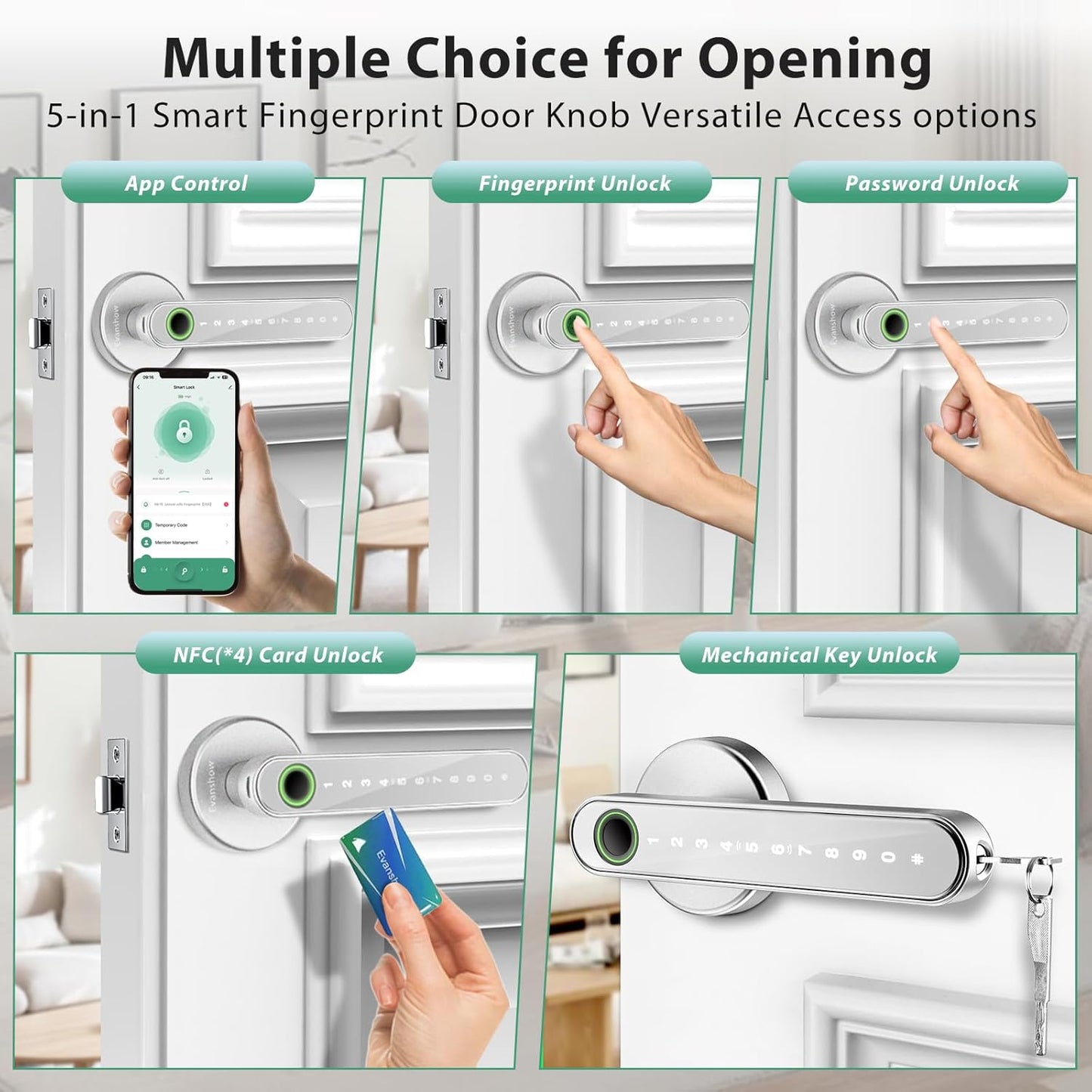 Smart Door Lock with Knob, Keyless Entry Door Locks with Handle, Fingerprint Door Knob for Bedroom/Front Door/Apartment,Generate Passcode Remotely Silver