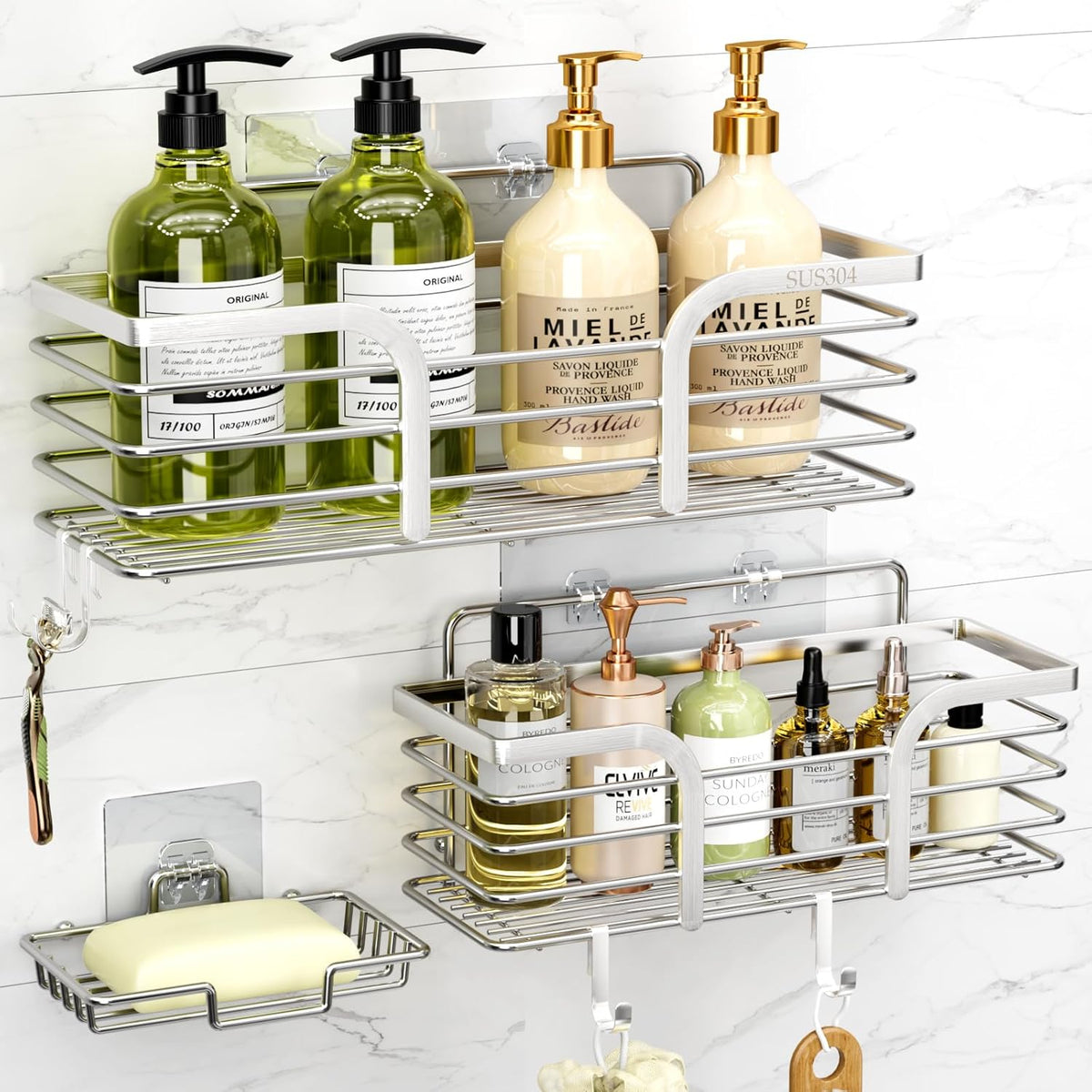 Yougai Shower Caddy, Shower Organizer with Soap Holder and Hooks, Rustproof Shower Shelves, No Drilling Bathroom Organizers and Storage, Wall-Mounted Kitchen & Home Decor (Brown)