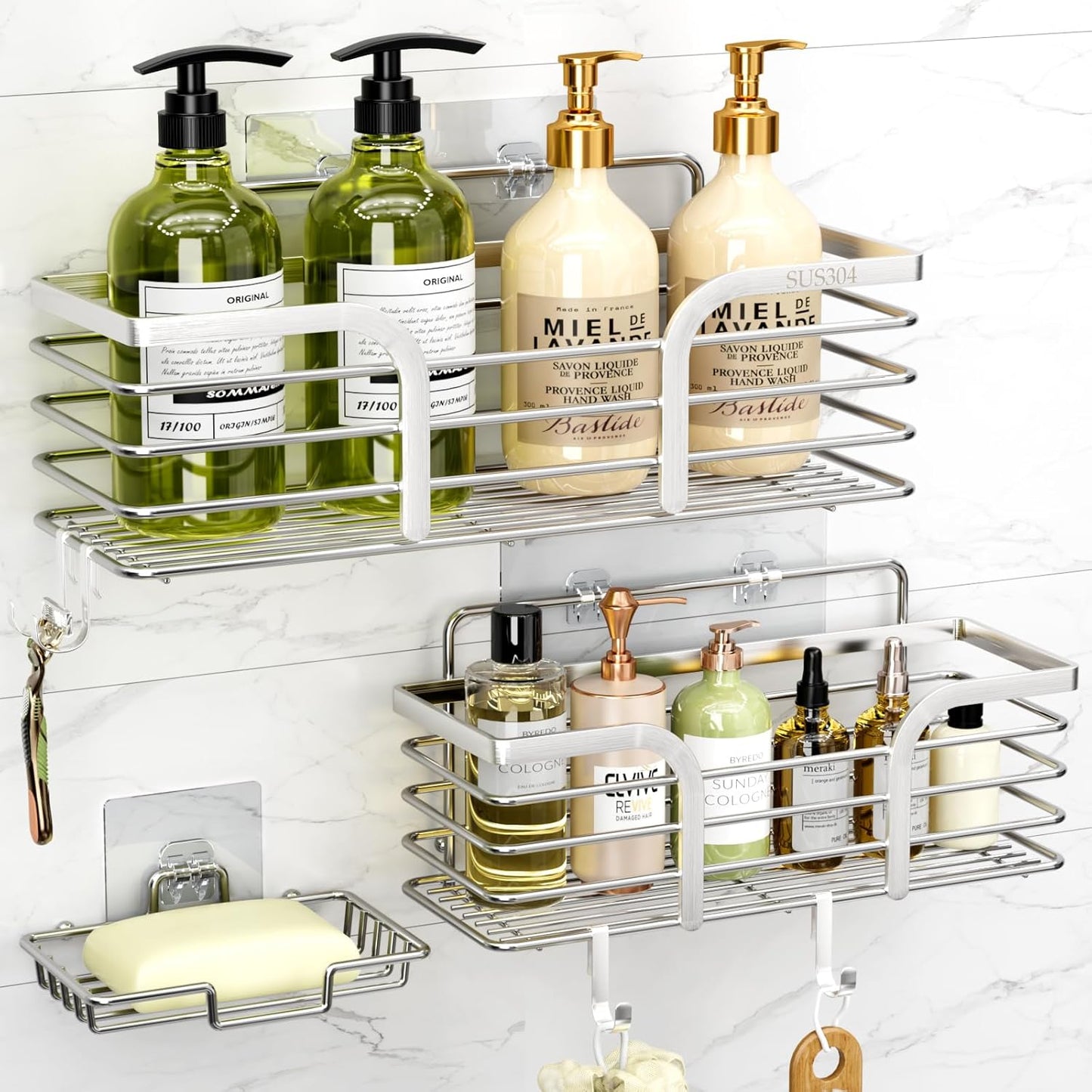 Yougai Shower Caddy, Shower Organizer with Soap Holder and Hooks, Rustproof Shower Shelves, No Drilling Bathroom Organizers and Storage, Wall-Mounted Kitchen & Home Decor, Light Grey