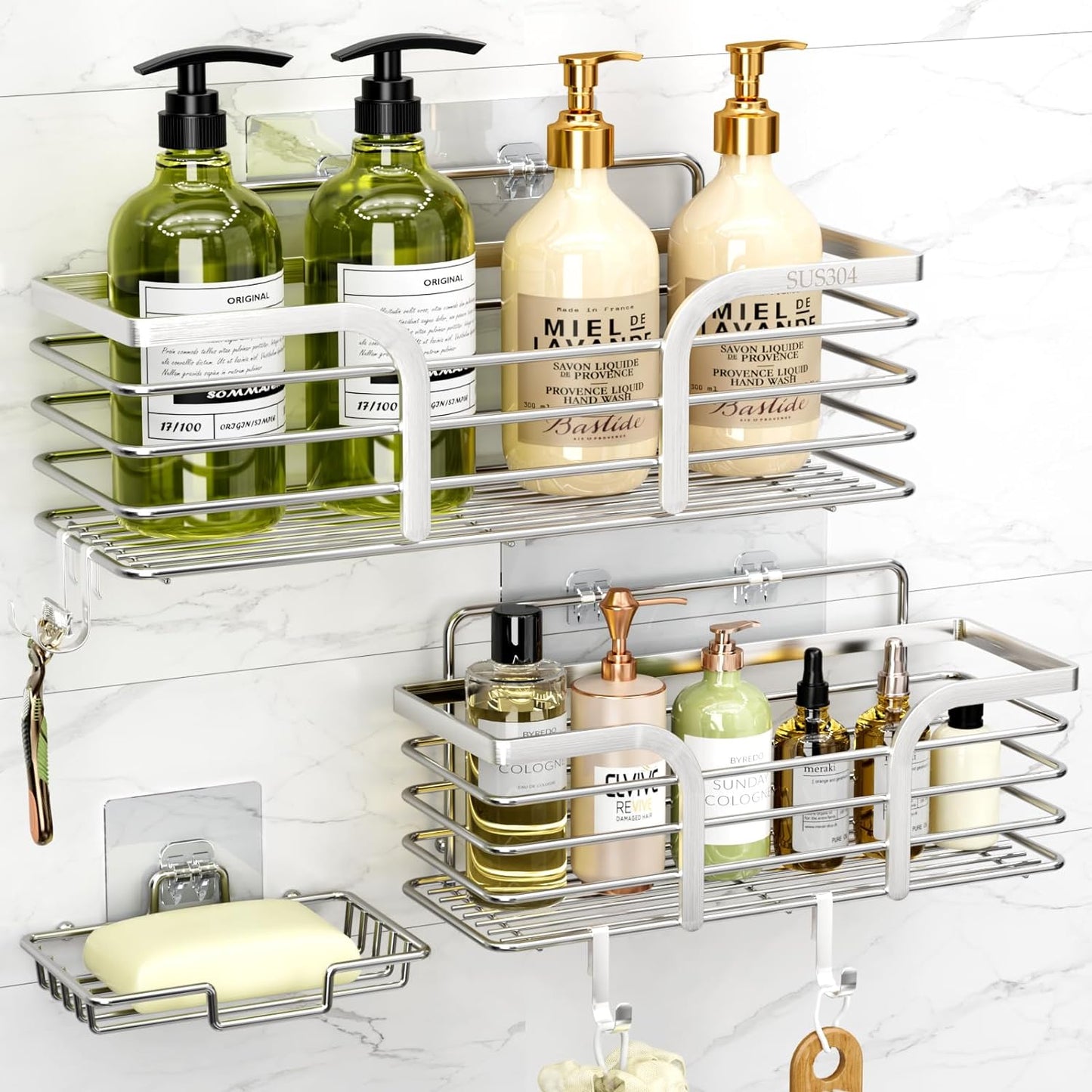 Yougai Shower Caddy, Shower Organizer with Soap Holder and Hooks, Rustproof Shower Shelves, No Drilling Bathroom Organizers and Storage, Wall-Mounted Kitchen & Home Decor (White)