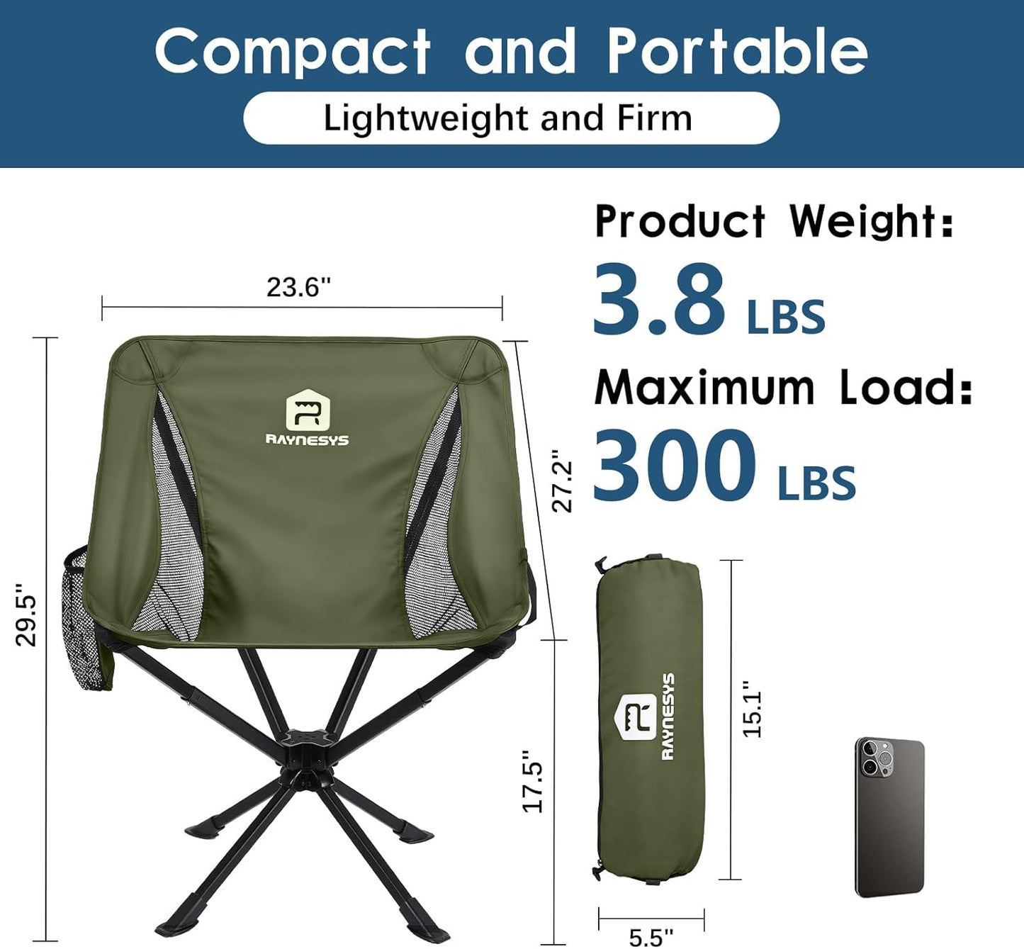 Raynesys Portable Camping Chair 1 Pack, 8 Seconds Quick Setup Folding Camping Chair, Flexible 360° Rotation, 3.8Lb Lightweight Travel Chairs for Easy Carry to Hiking, Sporting, Beach, Army Green