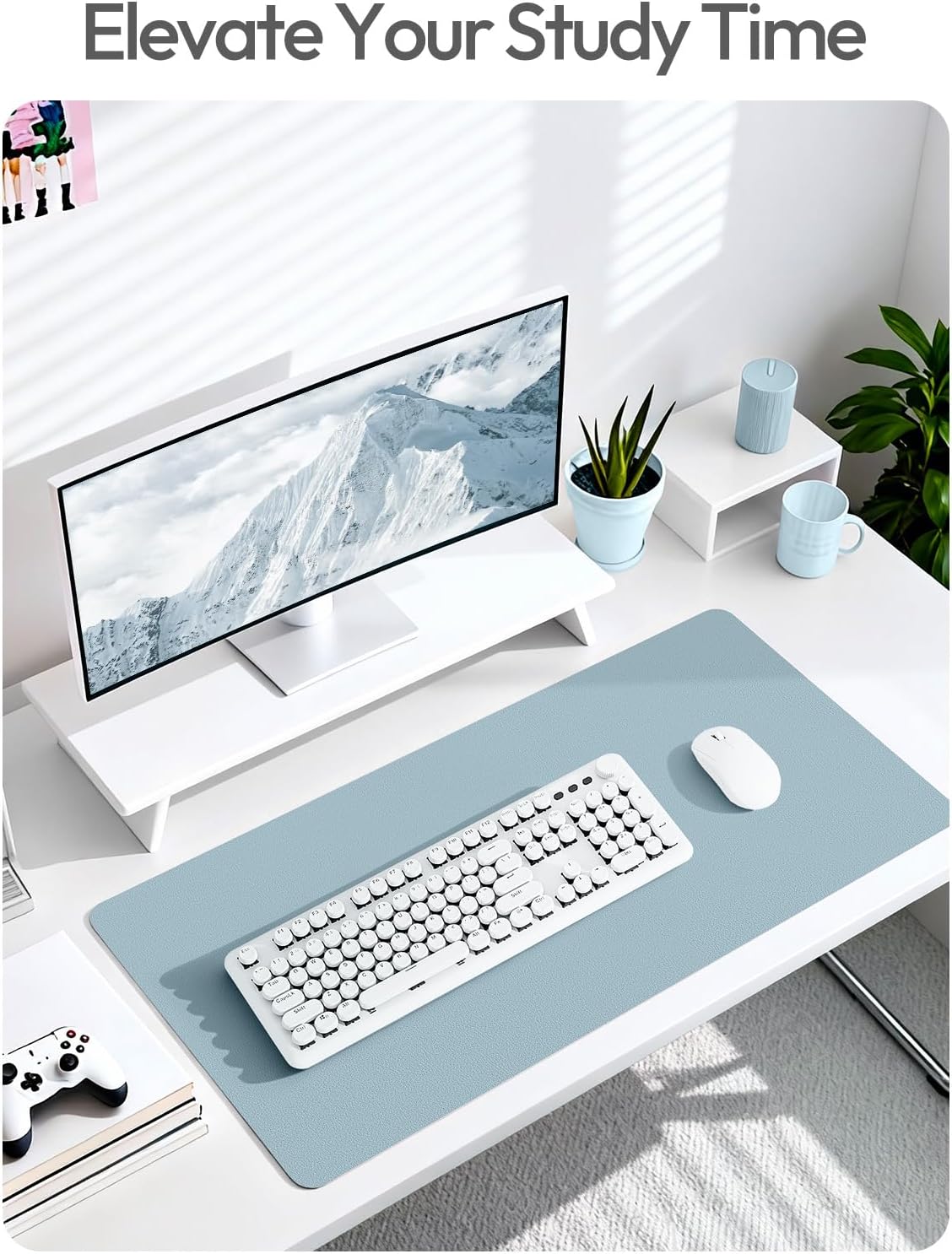 YSAGi Leather Desk Protector, Office Mat, Large Mouse Mat, Non-Slip PU Leather Blotter, Laptop Desk Pad, Waterproof Writing Pad for Office and Home (Ice Blue, 31.5" x 15.8")