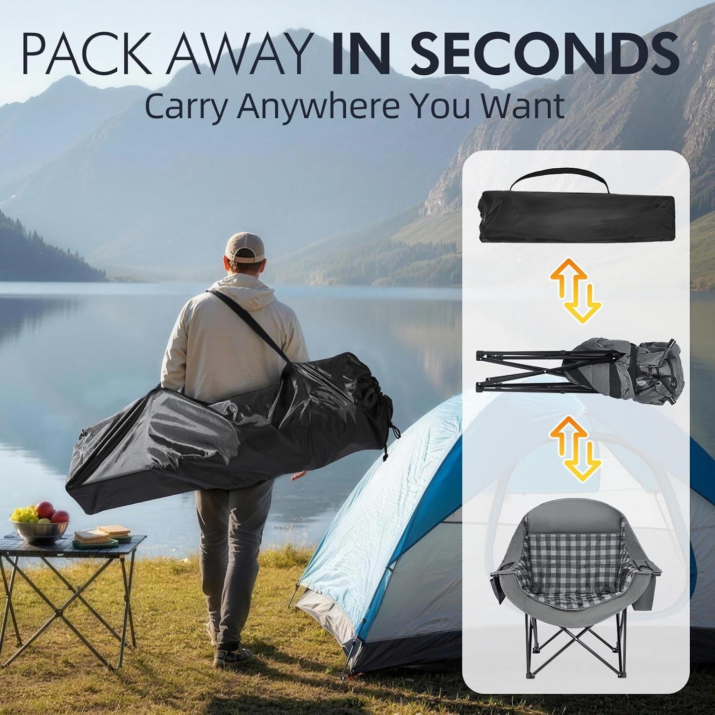 Oversized Camping Chairs for Adults - Heavy Duty Padded Outdoor Folding Lawn XL Camp Chair with Cup Holder Cooler Pockets for Outside Sports Beach Fishing Garden Portable Supports 500lbs, Grey