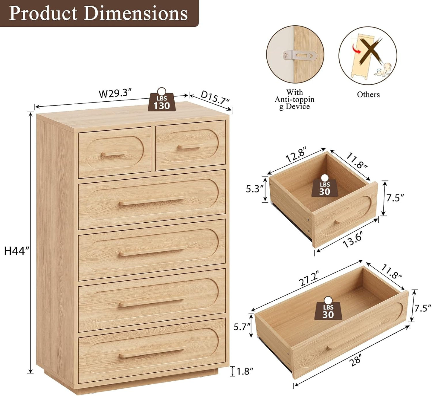 6 Drawer Dresser for Bedroom, 44" Tall Modern Chest of Drawers with Solid Wood Handle, Large Wood Storage Dresser Organizer for Bedroom, Living Room, Natural Oak
