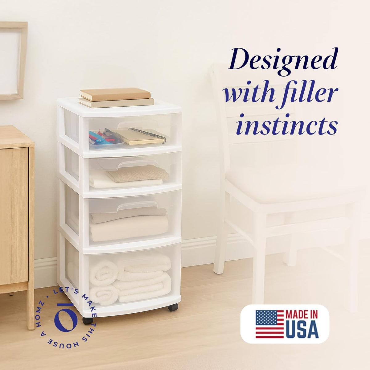 HOMZ Drawer Tower, 4-Tier Clear Plastic Storage Organizer Cart, White Frame - Rolling Drawers with Wheels for Desk, Dresser, Cabinet, Bedroom, Bathroom, Classroom, and Office Organization