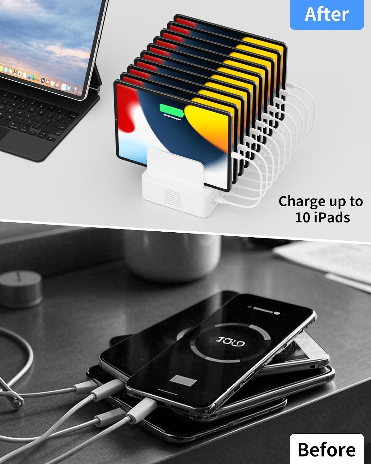 100W Charging Station for Multiple Devices, 10-Port USB Fast Charger, White | with Adjustable Dividers & 10 Cables- Multi Device Organizer Charging Dock for iPhone, iPad, Tablets & More