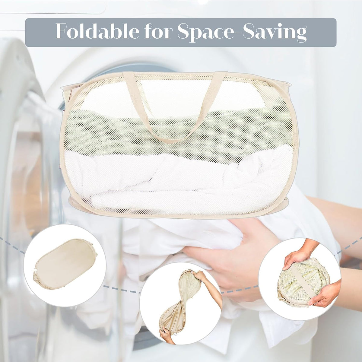 Durable Collapsible Laundry Baskets, Mesh Pop Up Laundry Hamper with Side Pocket, Foldable Clothes Hamper with Reinforced Carry Handles for Laundry, Bathroom, Kids Room, Dorm or Travel 2 Pack Beige
