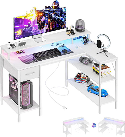 DUMOS 47" Gaming Desk with USB Charging Ports & LED Lights, Reversible L-Shaped Corner Computer Table for Small Spaces, Power Outlets, Monitor Stand & Storage Shelves Included, White