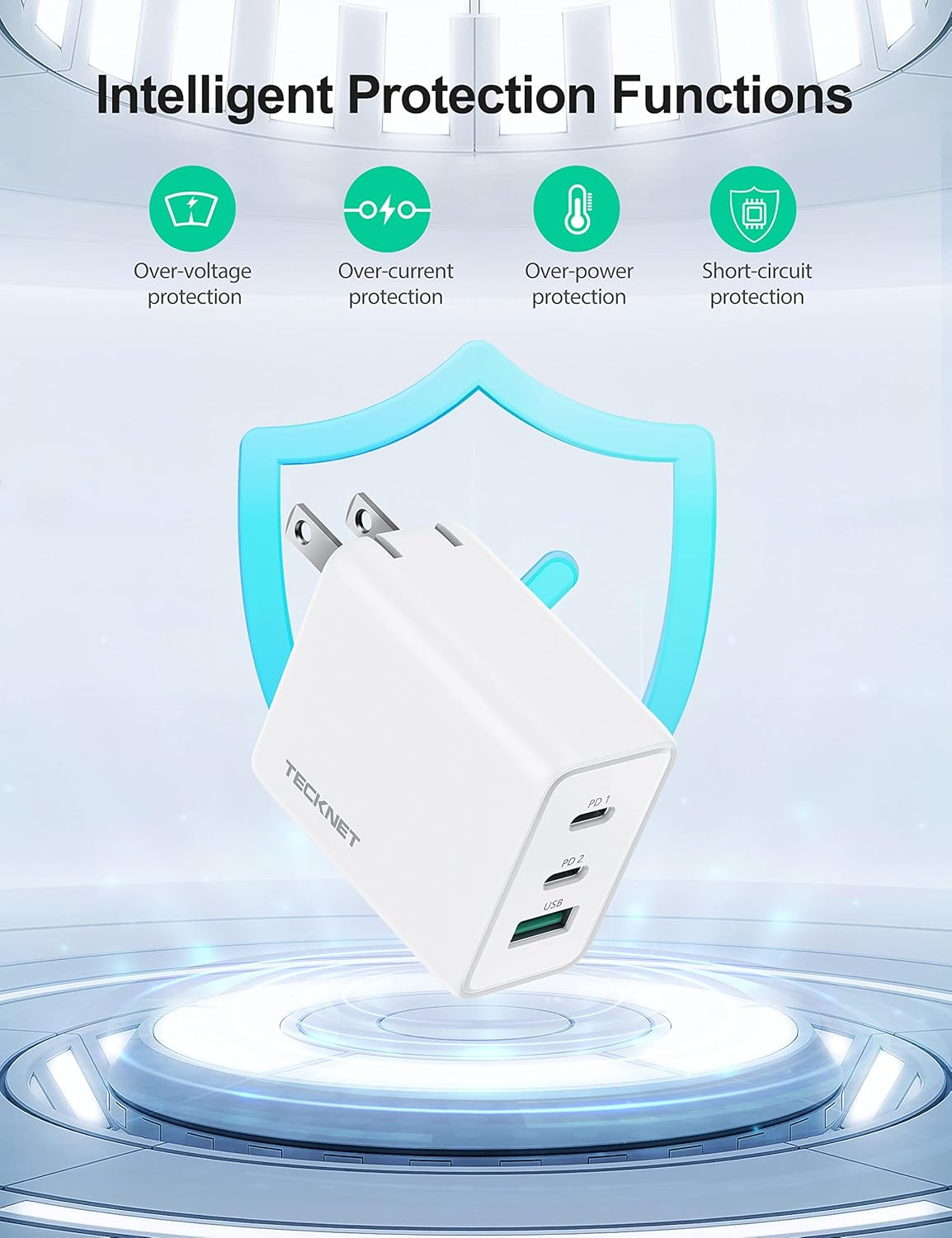 TECKNET 65W GaN Wall Charger PD 3.0 USB-C Fast Charger,3-Port Foldable Travel Adapter for iPhone 16 Pro Max/16 Pro/16 Plus/16/15/Galaxy S24/S25/MacBook Pro/Switch and More Series(White)