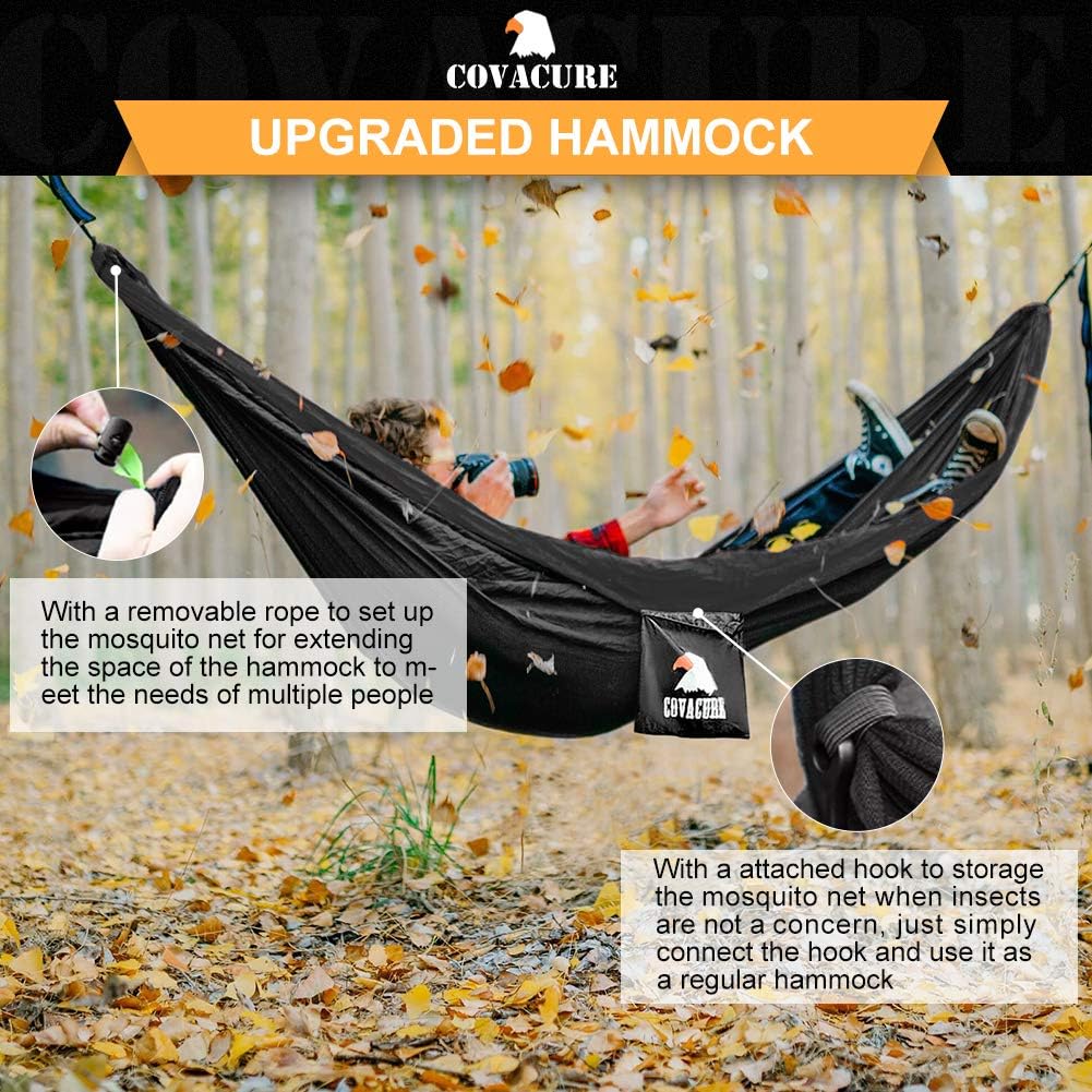 Covacure Camping Hammock - Lightweight Double Hammock, Hold Up to 772lbs, Portable Hammocks for Indoor, Outdoor, Hiking, Camping, Backpacking, Travel, Backyard, Beach (Black)